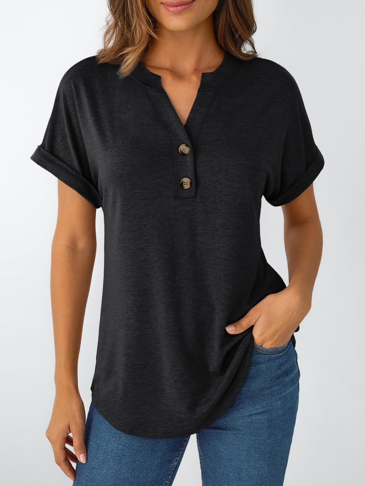 AUTOMET Women's Short Sleeve Shirts Henley Dressy Casual Summer Tops 2026 Spring Fashion Trendy Cute T-Shirts Black Small - 5