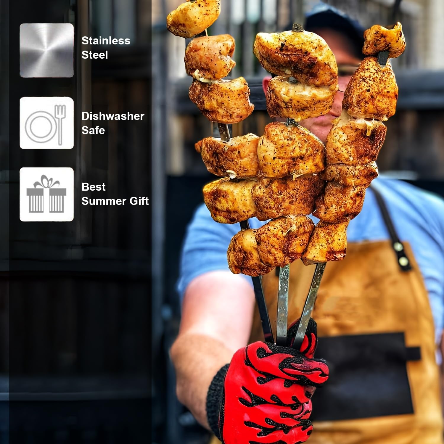 SHIKORI Brochetas de acero inoxidable de 17 pulgadas para parrilla, pinchos de brocheta, pinchos planos para barbacoa, juego de pinchos para parrilla, reutilizables, 10 piezas