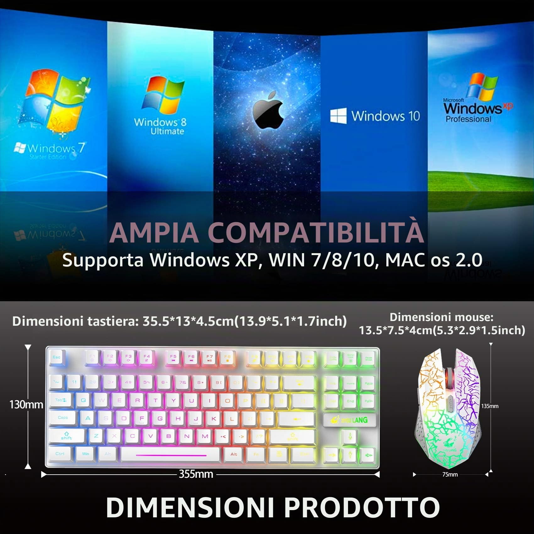 Combinazione mouse e tastiera da gioco wireless, 87 tasti arcobaleno retroilluminazione a LED batteria ricaricabile da 3800 mAh sensazione meccanica mouse muto impermeabile RGB (White)