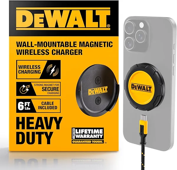 DEWALT Heavy Duty Wireless Charger, 15W Max Cell Phone Charger, Fast Wireless Charging Pad for MagSafe Compatible iPhone 16/16 Plus/16 Pro Max/15/14/13/12, Includes Wall Mounting Plate (No AC Adapter)