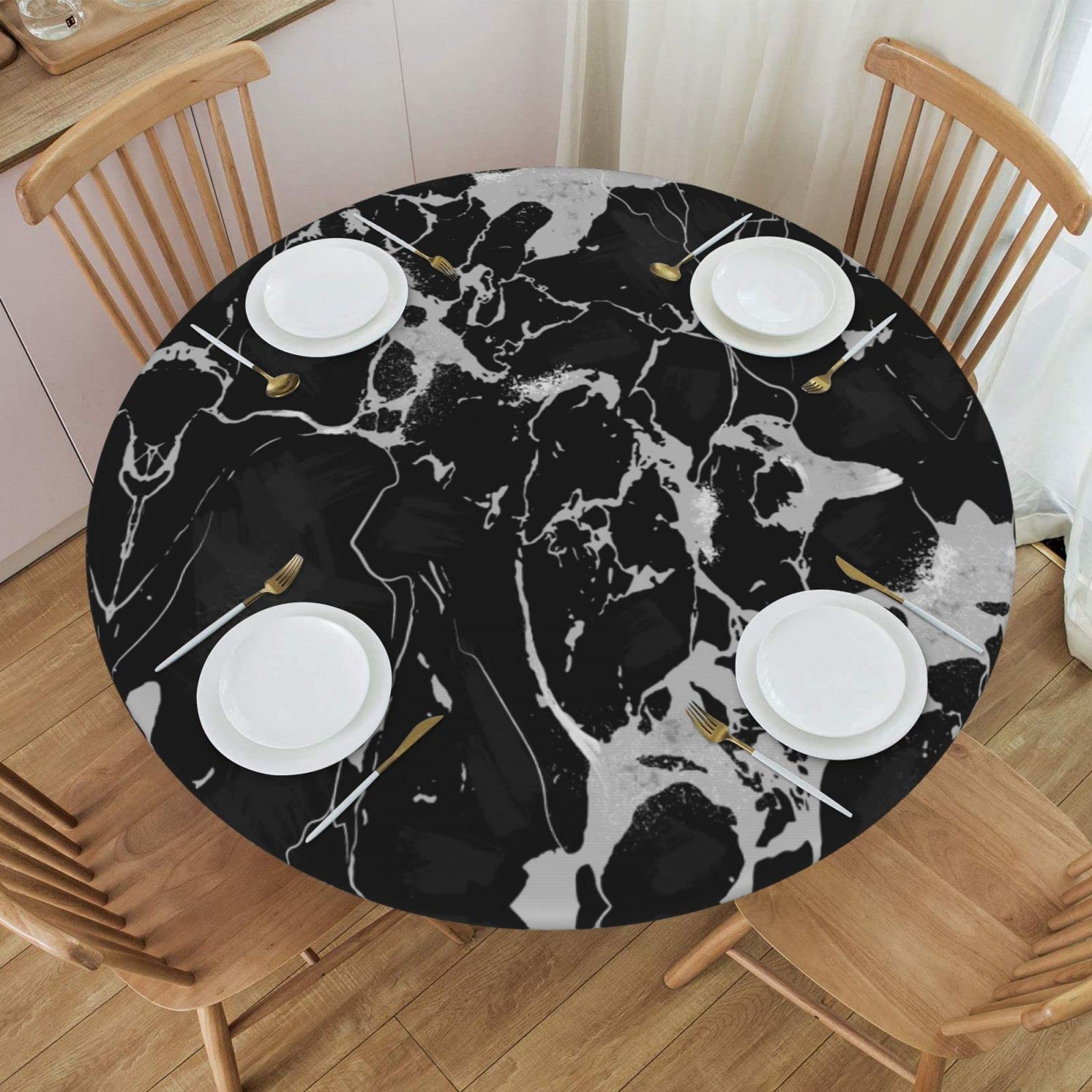 Fiokroo Black Marble Texture Tablecloth with Elastic Edge, Round Table Cloth Washable Reusable Table Cover for Kitchen Dining Party Picnic, Medium