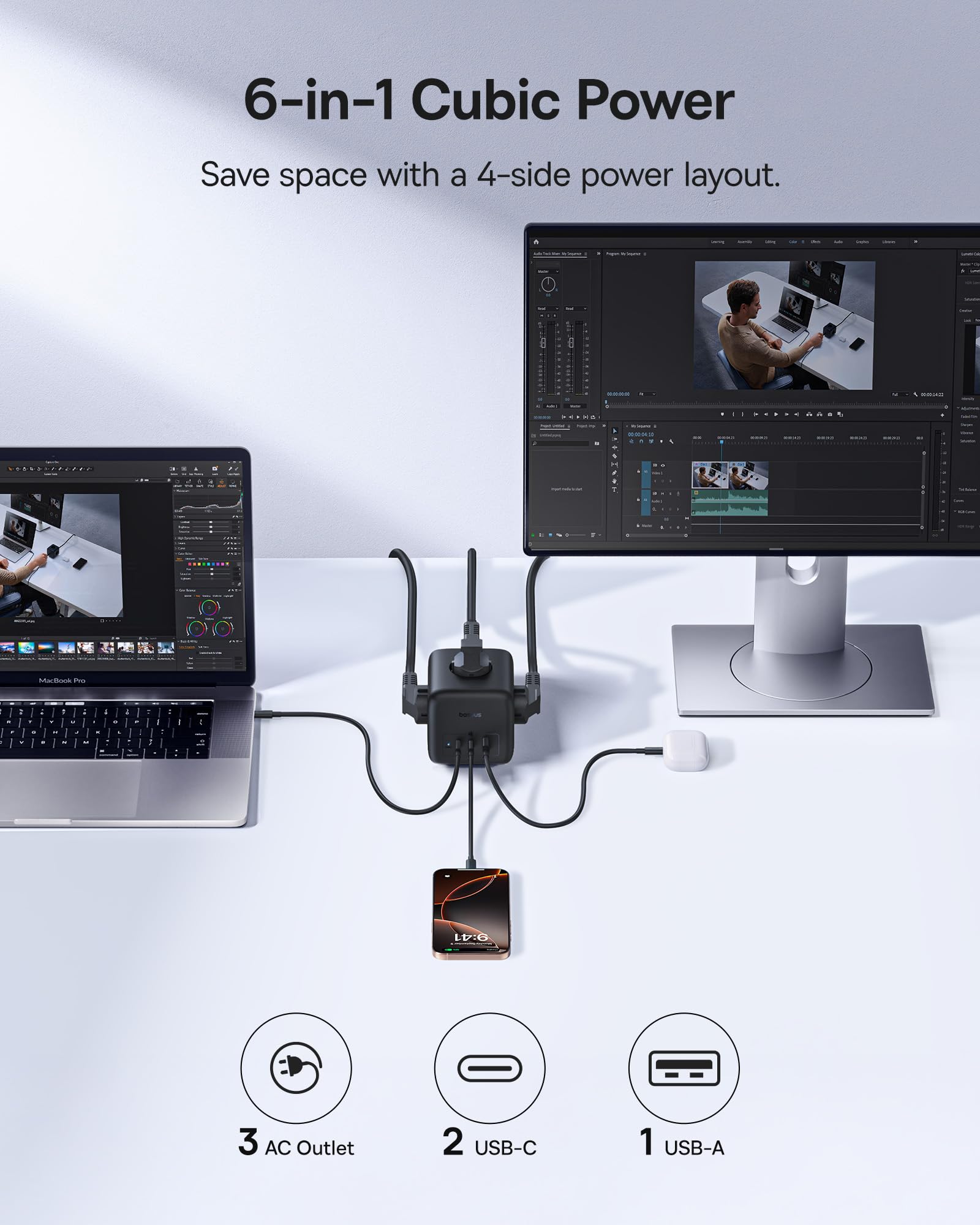 Baseus GaN6 listwa zasilająca USB C 67 W, ładowarka USB C, 3-drożne gniazdko z przełącznikiem, przenośna ładowarka PD, do MacBooka, iPada, iPhone 16/15, Galaxy S25 Ultra, do domu, biura, podróży