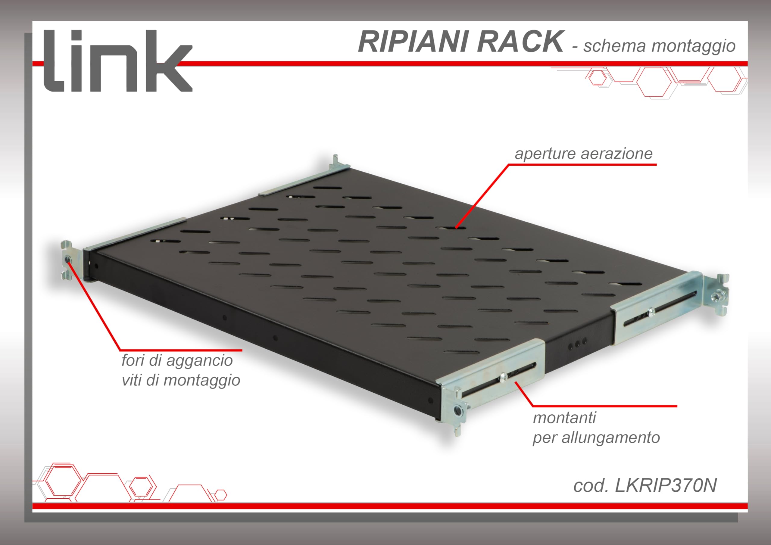 Mensola in acciaio per armadio rack 19" regolabile 350-450 mm, nero RAL9005, portata 50 kg