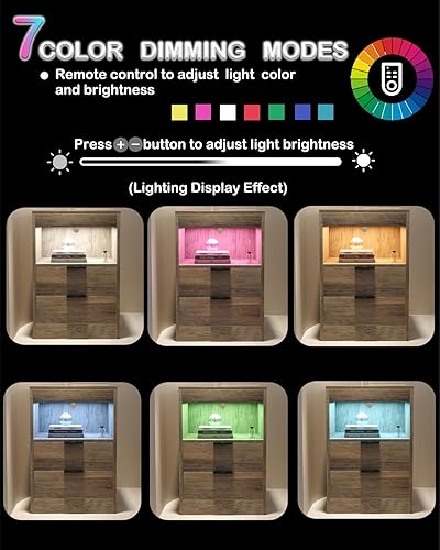 Miniatura 6 de Gadroad Mesita de noche con 2 cajones y luces, mesa auxiliar con estación de carga, moderna mesita de noche con un estante extraíble para