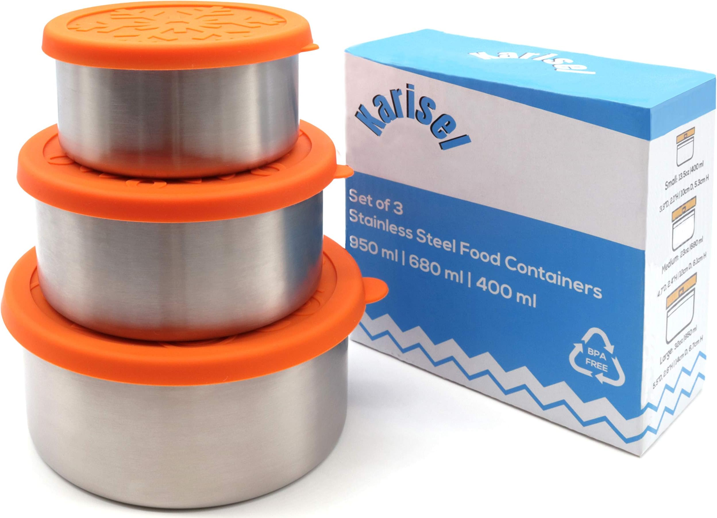 Karisel Stainless Steel Food Storage Containers with Lids - Set of 3 - Leakproof Lunch Boxes with Silicone Lids - Plastic Free, BPA Free - Reusable - Stackable for Snacks, Lunch, School or Camping
