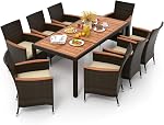 KOTEK 9 Piece Outdoor Dining Set, Wicker Patio Dining Set for 8 with Acacia Wood Table & Chairs, 1.96'' Umbrella Hole, Patio Table and Chairs Set for Backyard, Deck, Garden (Mix Brown)