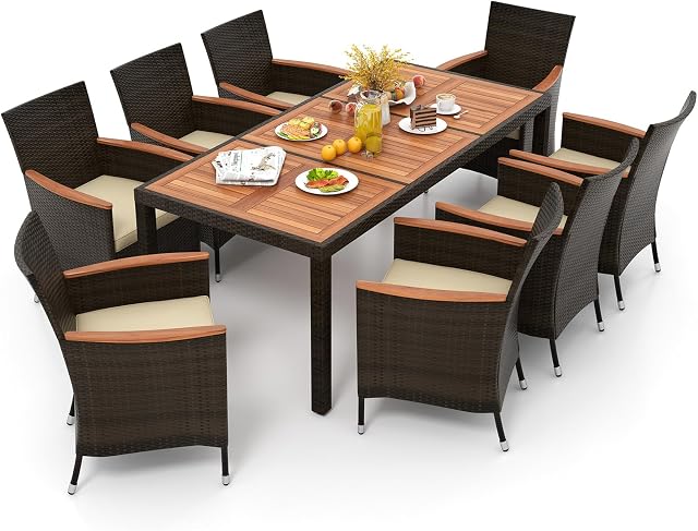 KOTEK 9 Piece Outdoor Dining Set, Wicker Patio Dining Set for 8 with Acacia Wood Table & Chairs, 1.96'' Umbrella Hole, Patio Table and Chairs Set for Backyard, Deck, Garden (Mix Brown)
