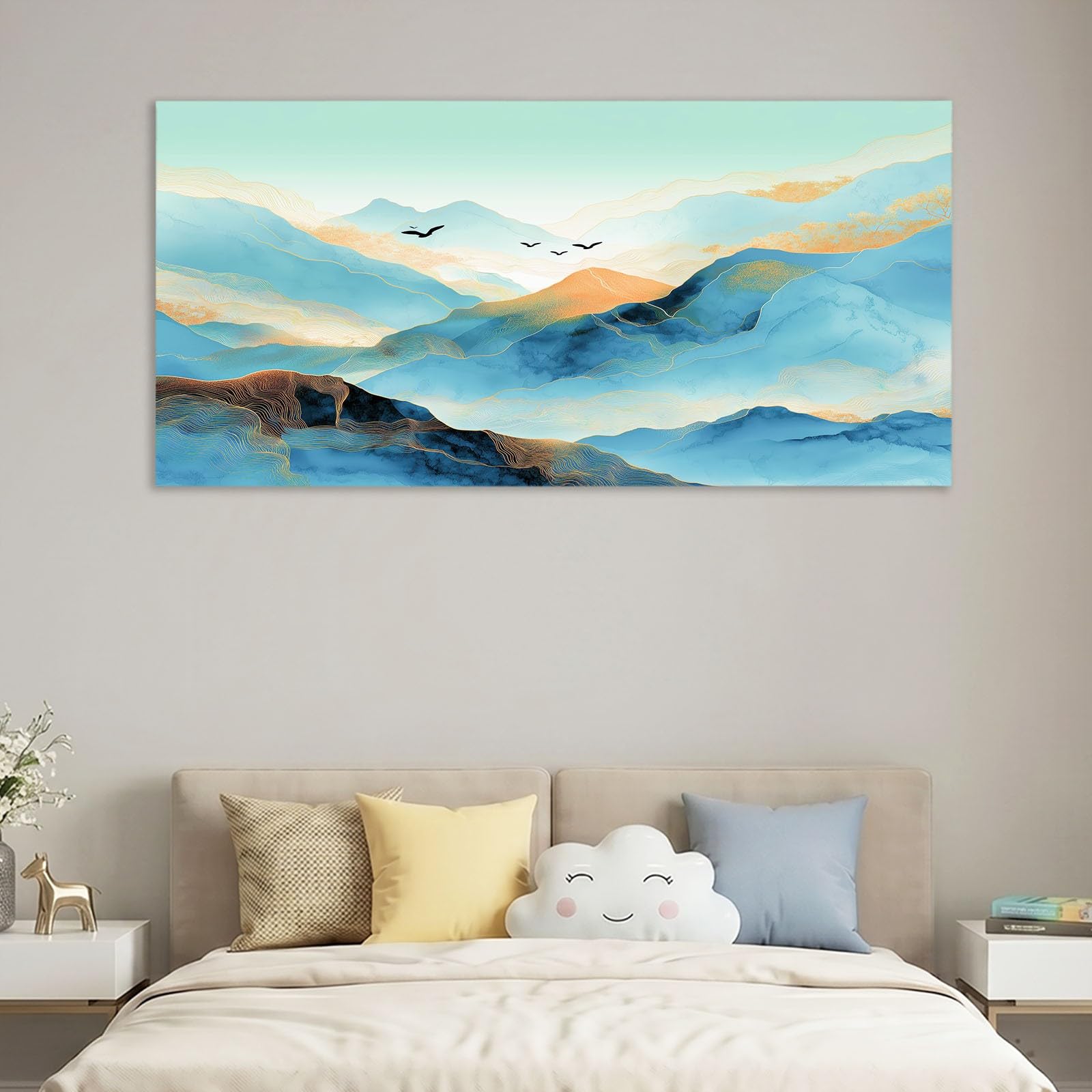 Leinwandbild 100 x 70 cm Leinwandbilder mit Abstrakt, Bild auf Leinwand - Kunstdruck auf Canvas, Bilder Wanddeko für Wohnzimmer, Schlafzimmer, Esszimmer, Berge Vogel Landschaft Blau