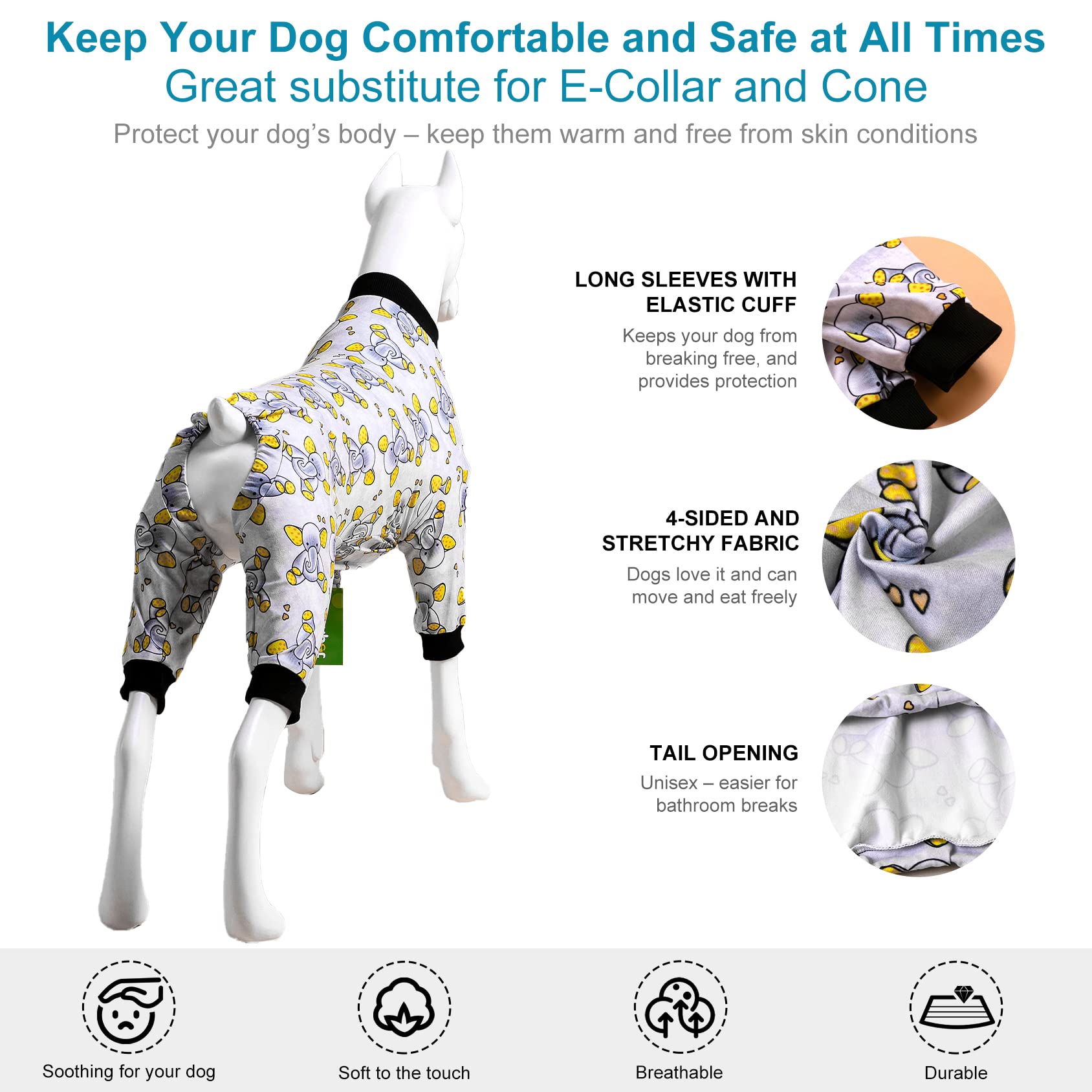 LovinPet Big Dogs Pajamas Clothes, Sleepytime Elephants Print, Pajamas for Pitbulls Post Surgery Dog Shirt - Image 4