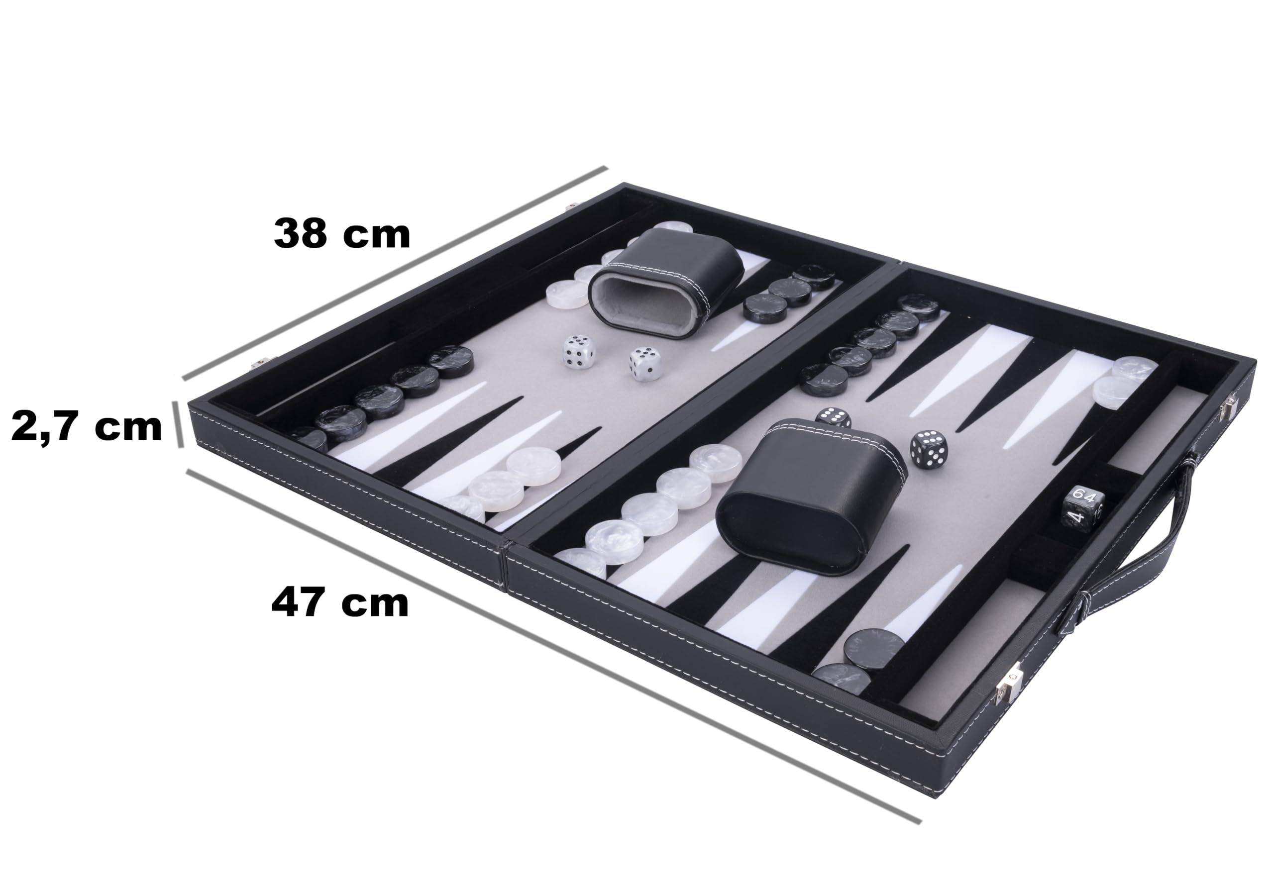 Engelhart - 250506 - Luxus Backgammon - Grau - 38 cm - 15 Zoll - Kunstleder - Filzeinlage - Perlmutt-Würfel und Spielsteine + 2 Becher - Strategie - Backgammon-Spiel