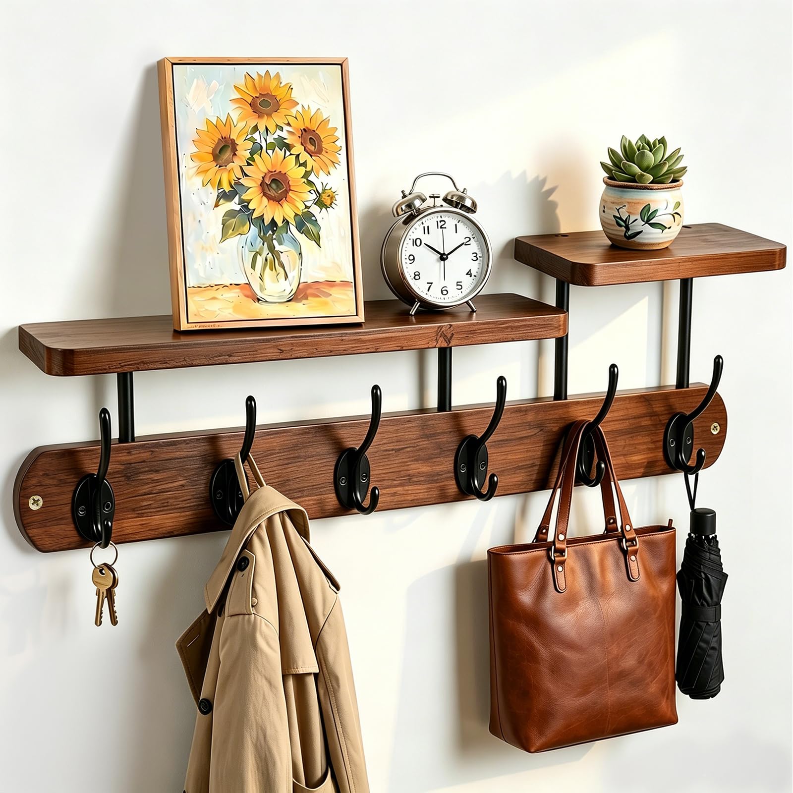Ganci da parete in legno, attaccapanni da parete 59 * 18 cm con 6 ganci e ripiano, striscia attaccapanni in legno vintage, attaccapannis da parete per ingressi/guardaroba/camere da letto/bagno