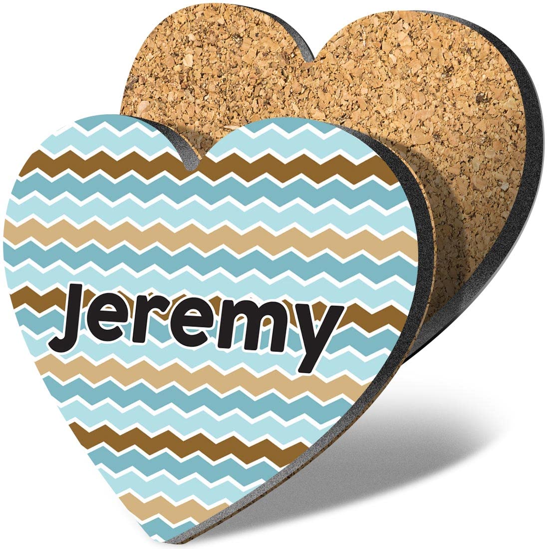 1 x Heart Coaster - Name Jeremy Blue Waves Geometry Zigzag Color Letter Lettering Initial Cork Backed MDF Glossy Tea Coffee Accessory #253672