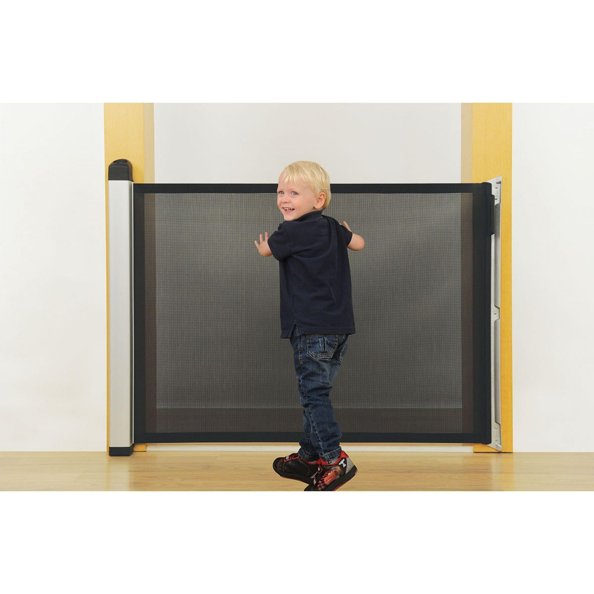 Lascal KiddyGuard - Barrera frontal de seguridad discreta para escaleras - Barrera de puerta enrollable de lona con carcasa de aluminio - Panel extensible hasta 120 cm - Negro