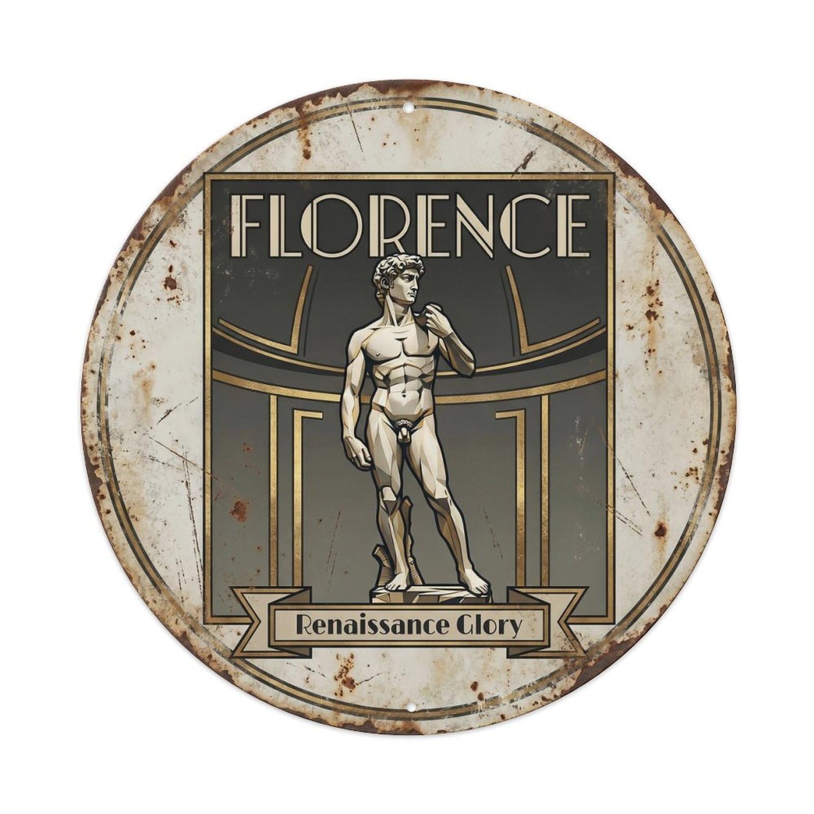 Florence Sculpture Heritage Destination Scenic Landmark Metal Tin Sign Plaque Wall Decor for Cafe, Man Cave, Club Bar, Office, Home Garden Round Metal Poster 8x8Inch