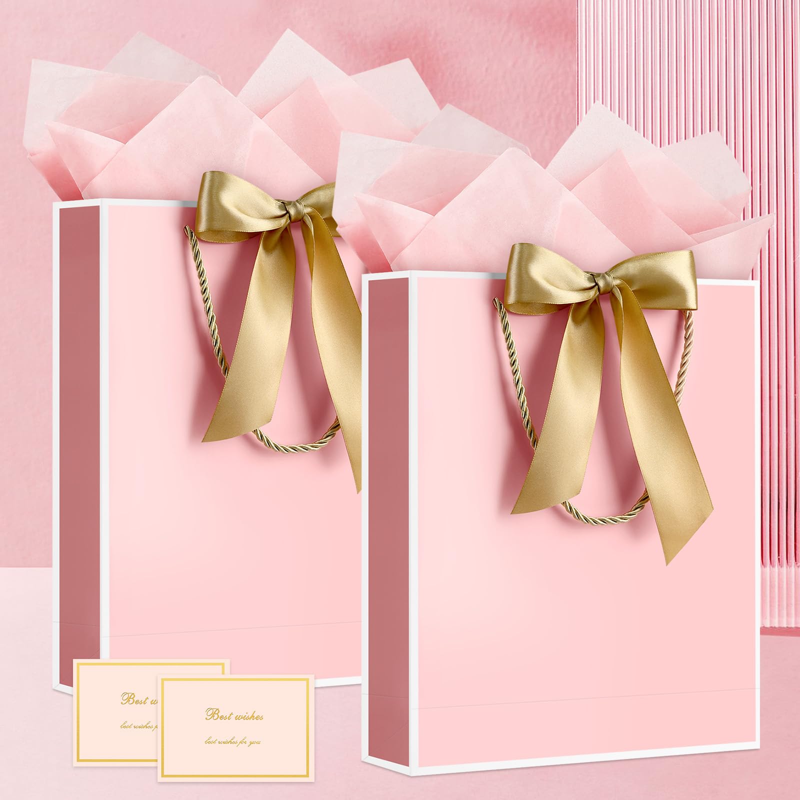 YoungTree Pink Gift Bags with Handles, 13" Medium Gift Bag with 2 Tissue Paper and 1 Card, Present Bag for Graduation Wedding Baby Shower Bridal Shower Birthday Party (Pink-White)