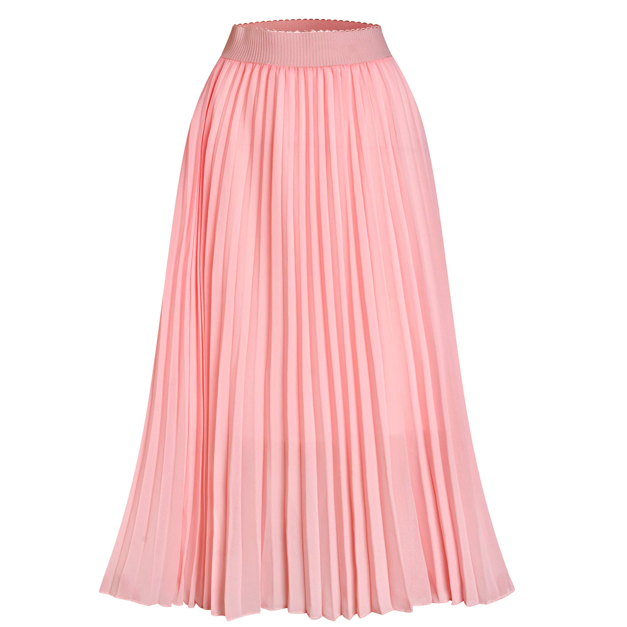 TEERFUWomens Chiffon High Waist Skirt Pleated A-Line Swing Elastic Shirring Midi Length