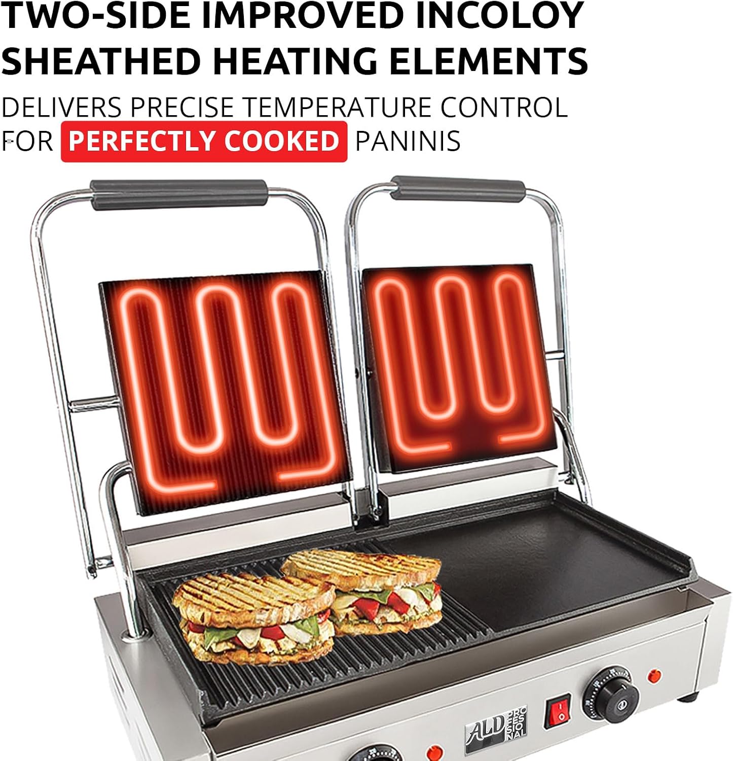 ALDKitchen Double Panini Press | Half-Ribbed & Half-Flat Sandwich Maker | Cast-Iron Plates | Nonstick Coating | 110V (Ribbed 9"x9" & Flat 9"x9")