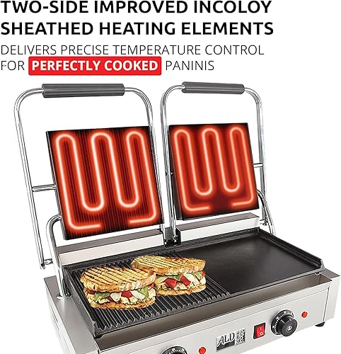Miniatura 3 de ALDKitchen Prensa Panini doble  Sandwichera semicanal y semicapa  Placas de hierro fundido  Revestimiento antiadherente  110 V (acanalado 9 x 9