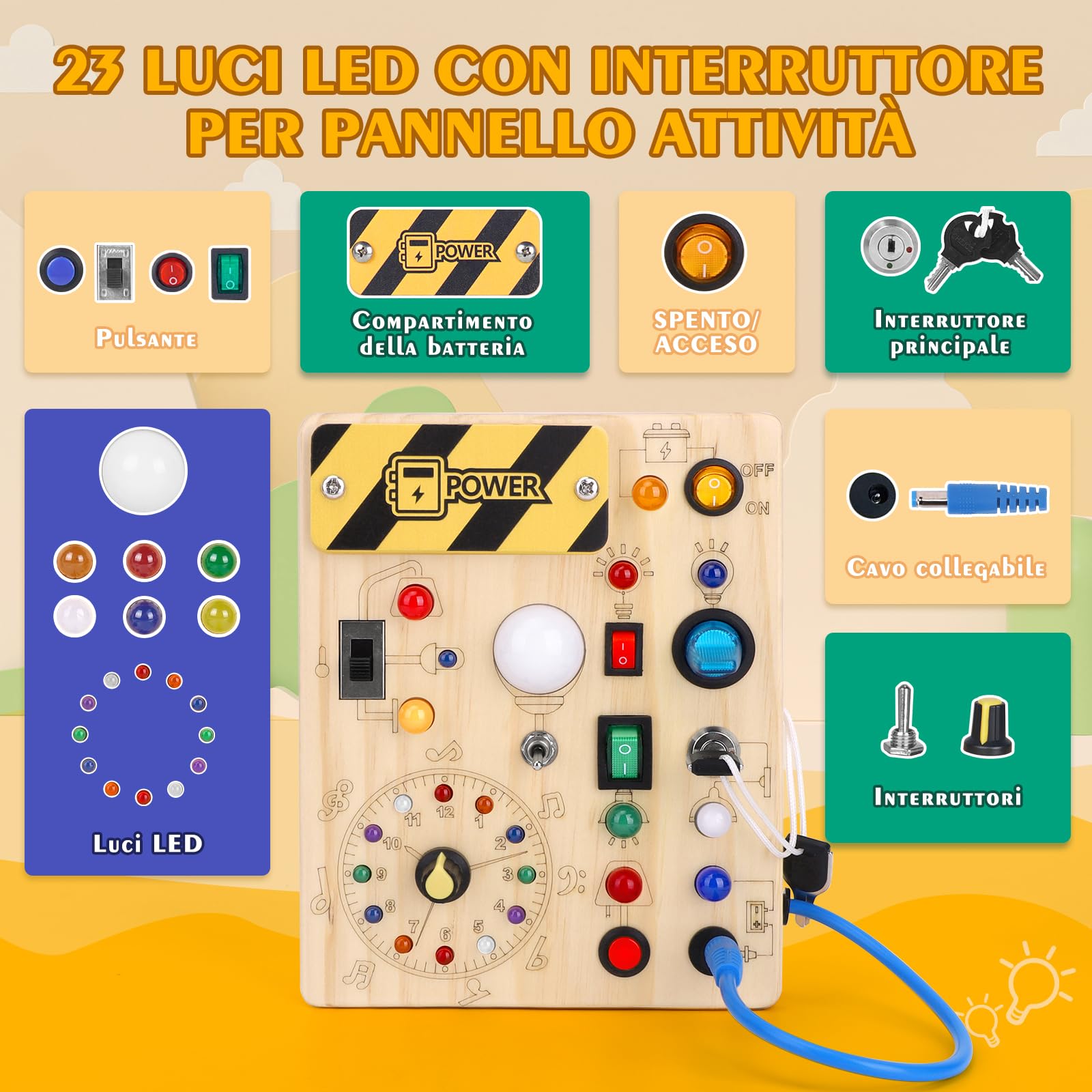 Hoarosall Busy Board Tavola delle attività Montessori in Legno per Bambini 1 2 3 Anni - Busy Board Sensoriale con 10 Interruttori e 23 Luci LED per Sviluppare la Motricità Fine