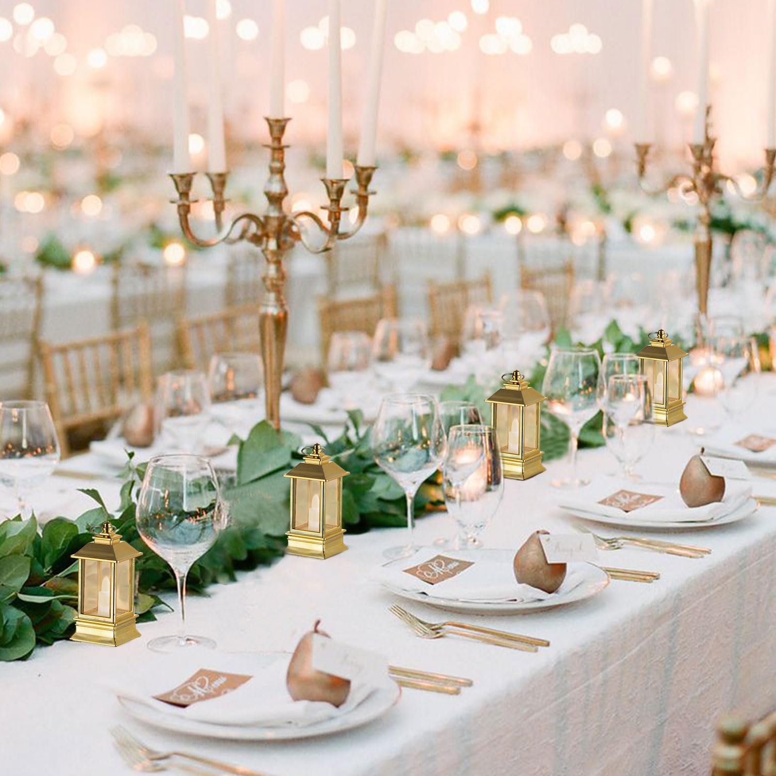 Linternas doradas decorativas para interiores: 24 piezas mini linternas para centros de mesa de boda, pequeñas luces LED alimentadas por batería a granel para decoración de fiesta de 7