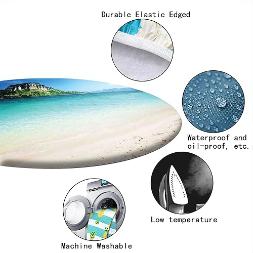 Miniatura 4 de Mantel con diseño de playa, borde elástico, adecuado para catering y cocina, se puede limpiar para mesa redonda de comedor, color azul crema, para