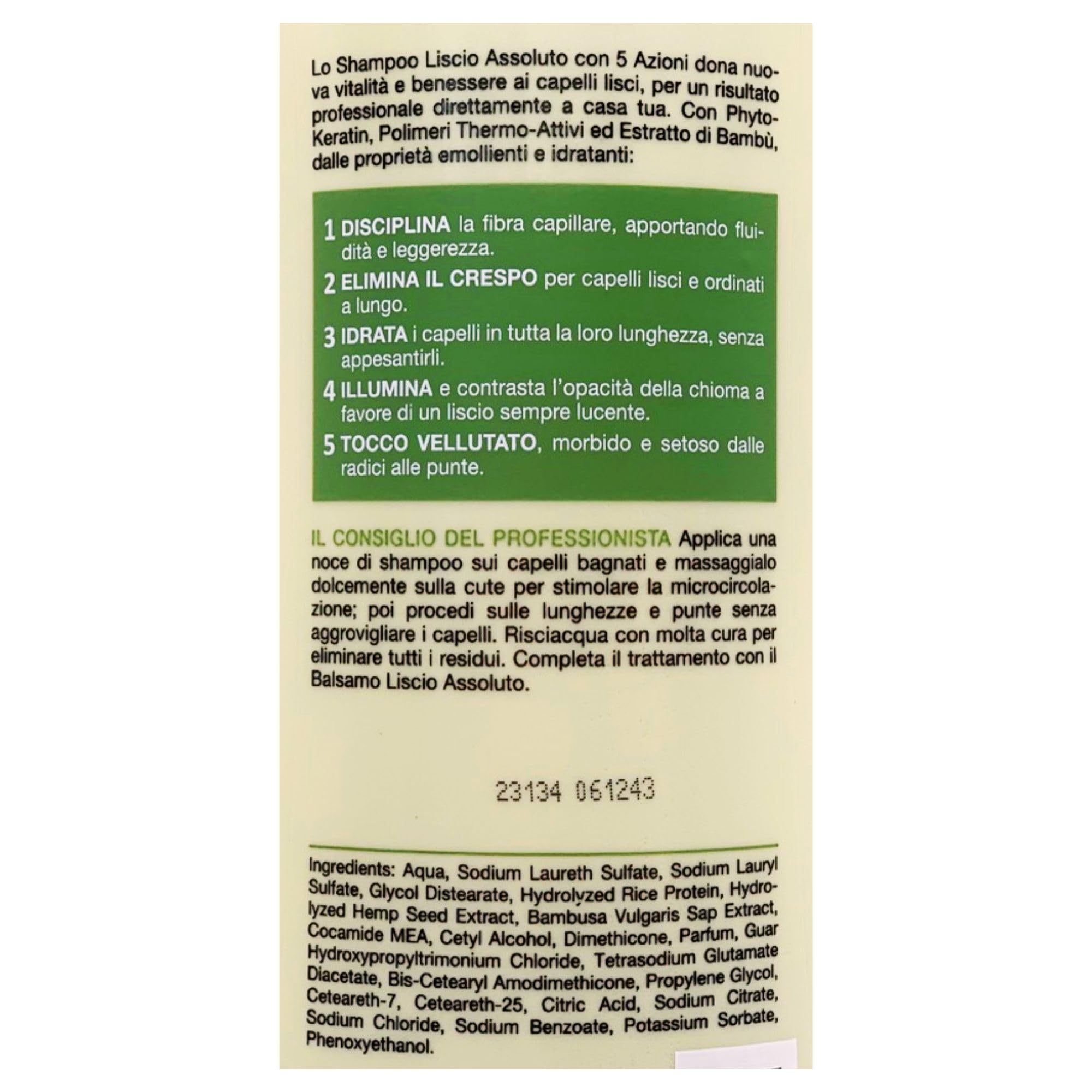 Shampoo LISCIO ASSOLUTO Con Phyto-Keratin, Ultra Setosità, Per Capelli Lisci. 5 Azioni: Disciplina, Elimina Il Crespo, Idrata, Illumina, Tocco Vellutato 400ml (4 Flaconi)