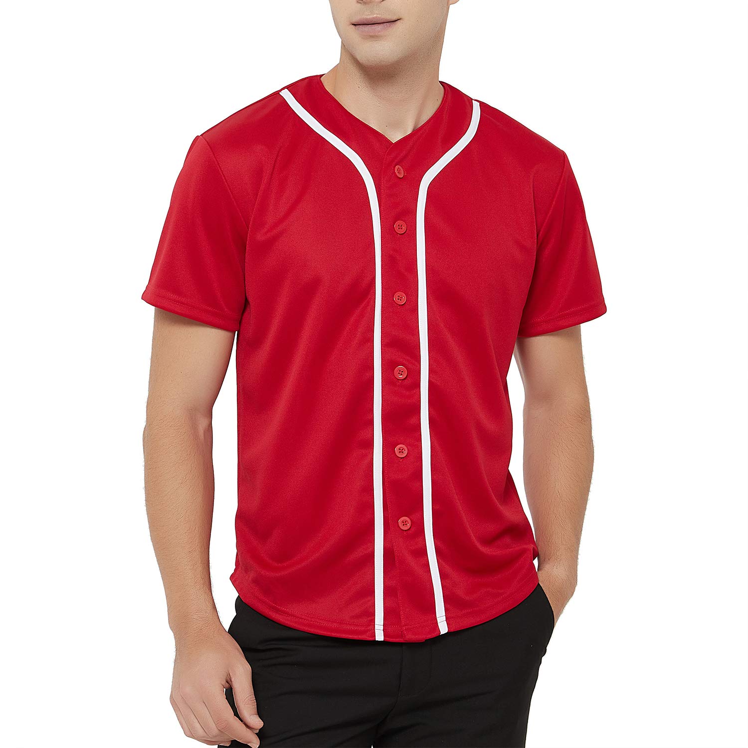 TopTie Men's Baseball Jersey Plain Button Down Shirts Team Sports Uniforms-Red White-2XL