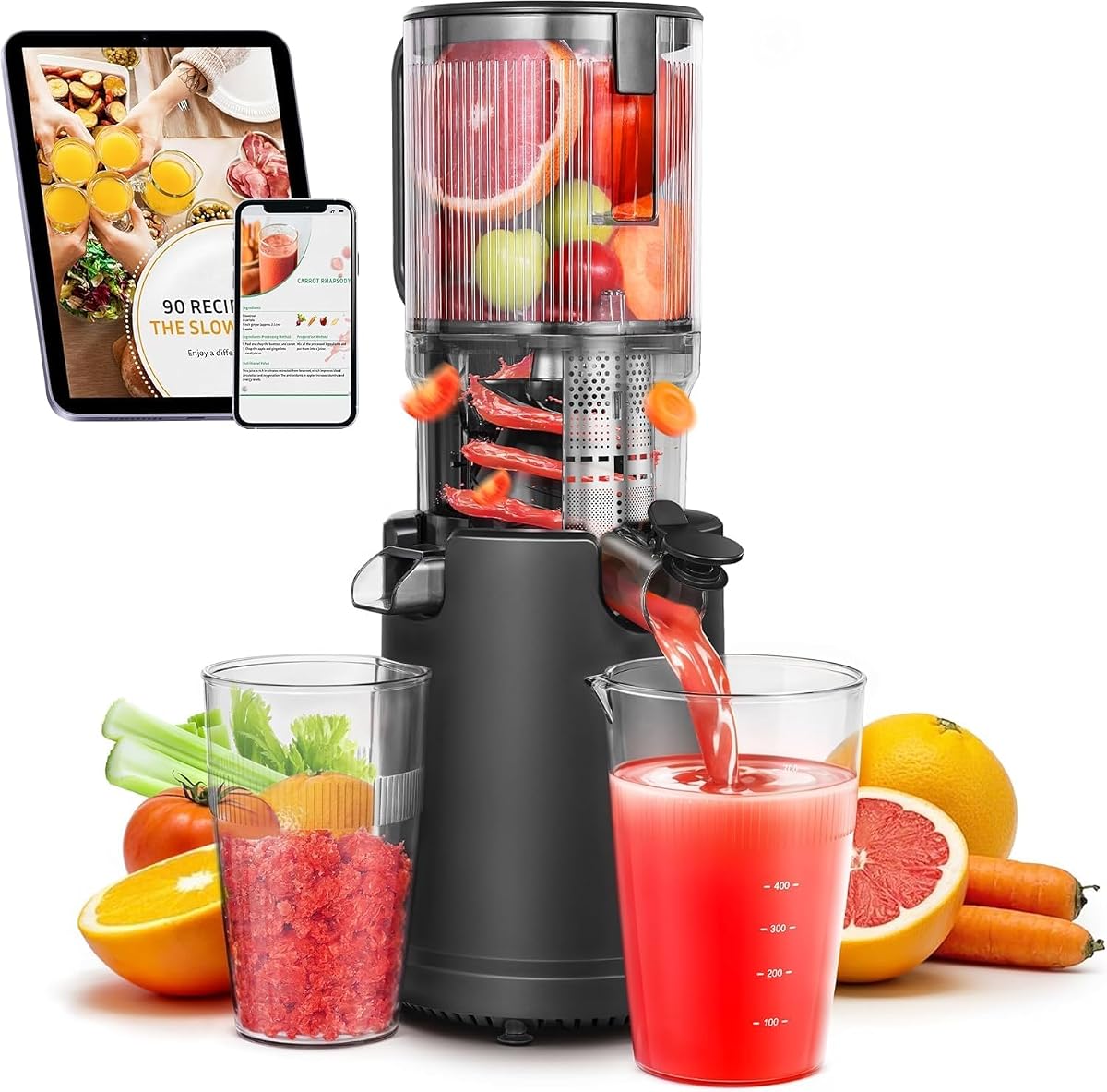 Cold Press Juicer, 5.4-Inch Chute for Whole Fruits/Veggies | Quiet slow-masticating motor, easy-clean parts and high juice yield for fresh morning juice, family breakfasts and meal prep