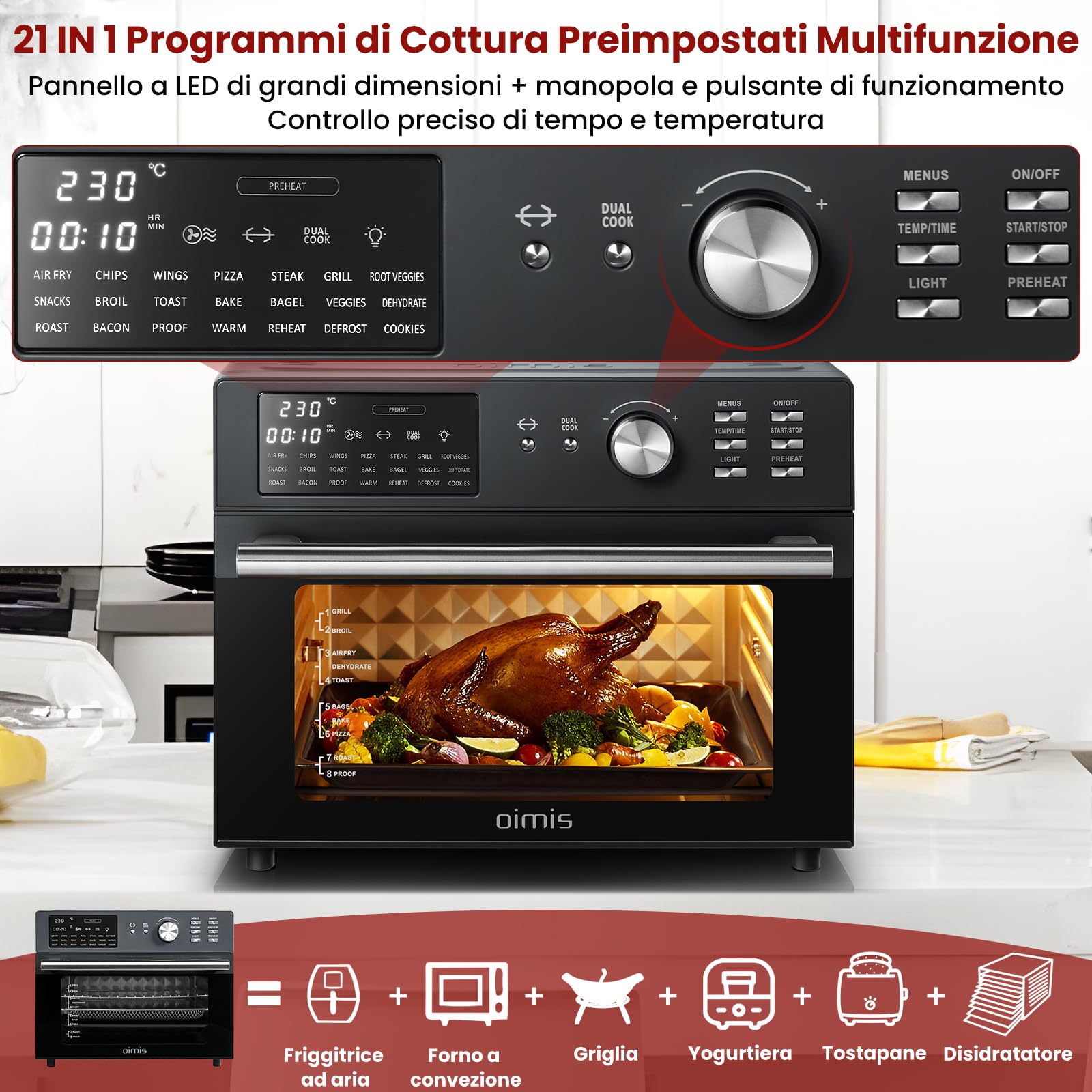 OIMIS Friggitrice ad Aria Calda 30L, Grigio Forno Multifunzione ad Aria,Timer e Temperatura Regolabili Forno con Ricette e 6 Accessori,Completi Cottura Senza olio Certificazione CE,NO Cesto Rotante