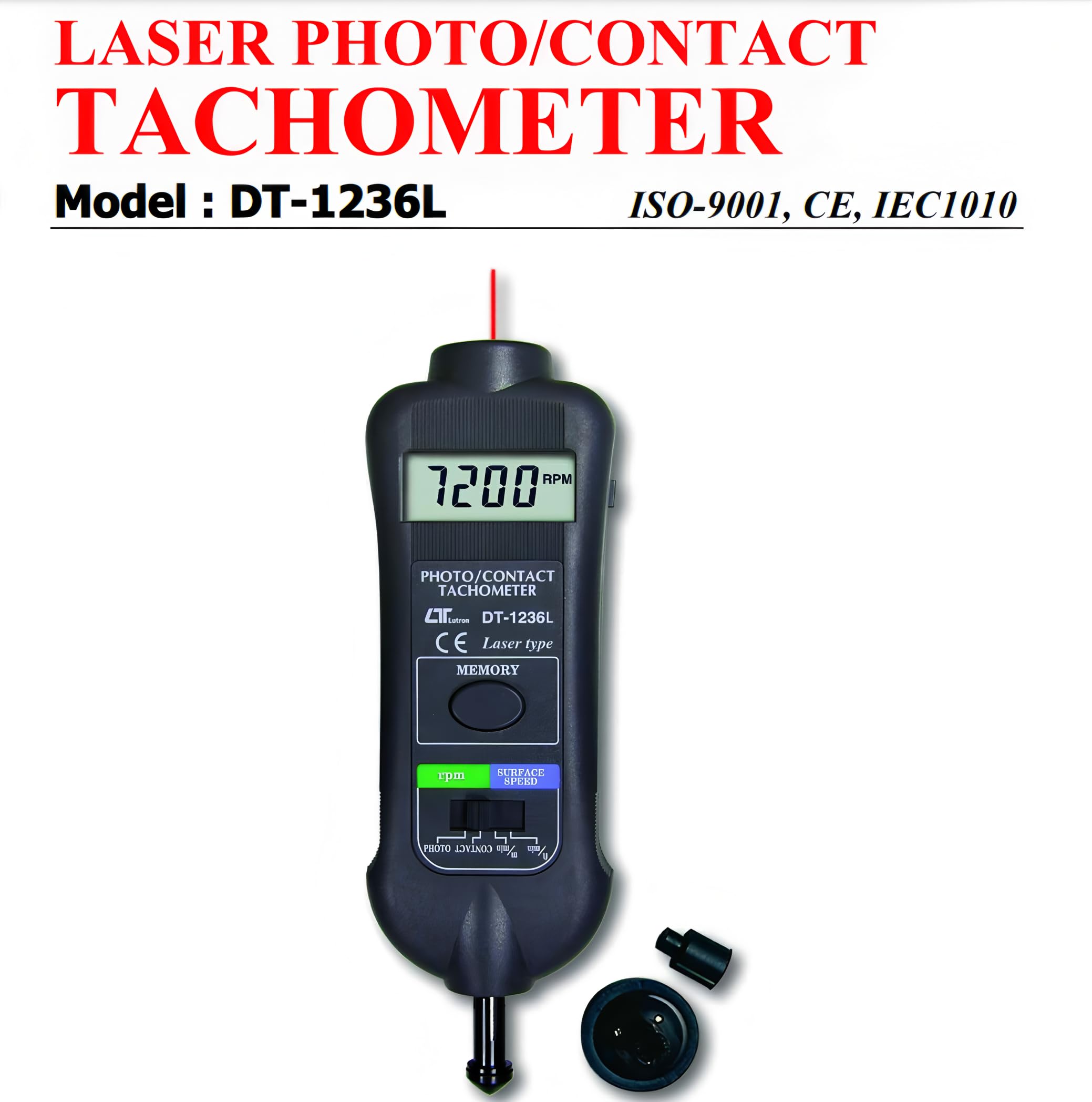 i-POOK LASER PHOTO/CONTACT TACHOMETER DT-1236L Combines Photo Tachometer and Contact Tachometer from 0.5 to 100,000 RPM with high resolution and accuracy made in Taiwan