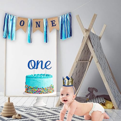 Miniatura 5 de Decoraciones de primer cumpleaños para niño con pancarta de arpillera para silla alta, decoración de pastel, corona de sombrero azul para fiesta de