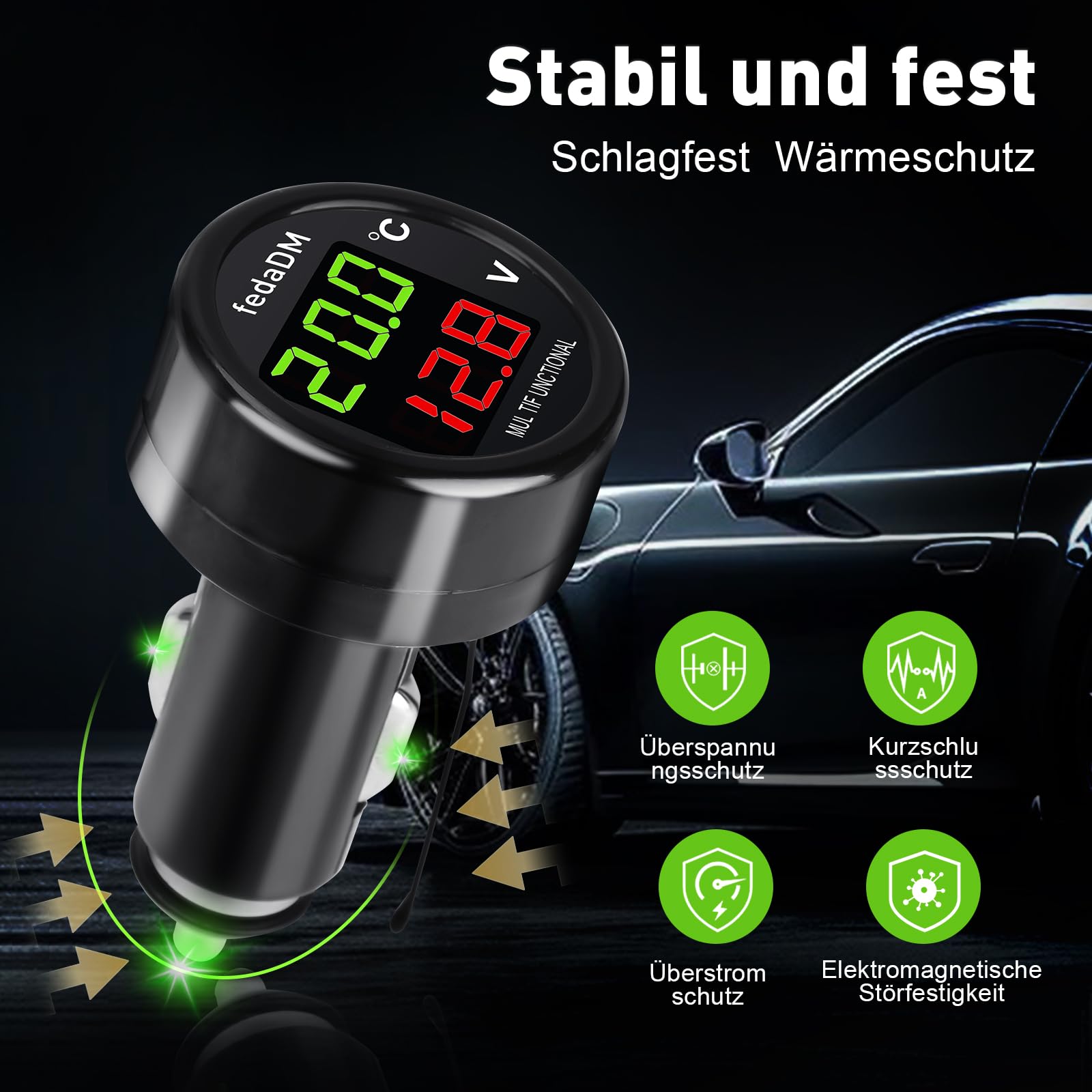 3-w-1 USB C ładowarka samochodowa, cyfrowy woltomierz samochodowy, termometr, 30W PD&QC USB zapalniczka, ładowarka, DC 12V 24V kontroler baterii, do samochodów osobowych, ciężarówek, autobusów