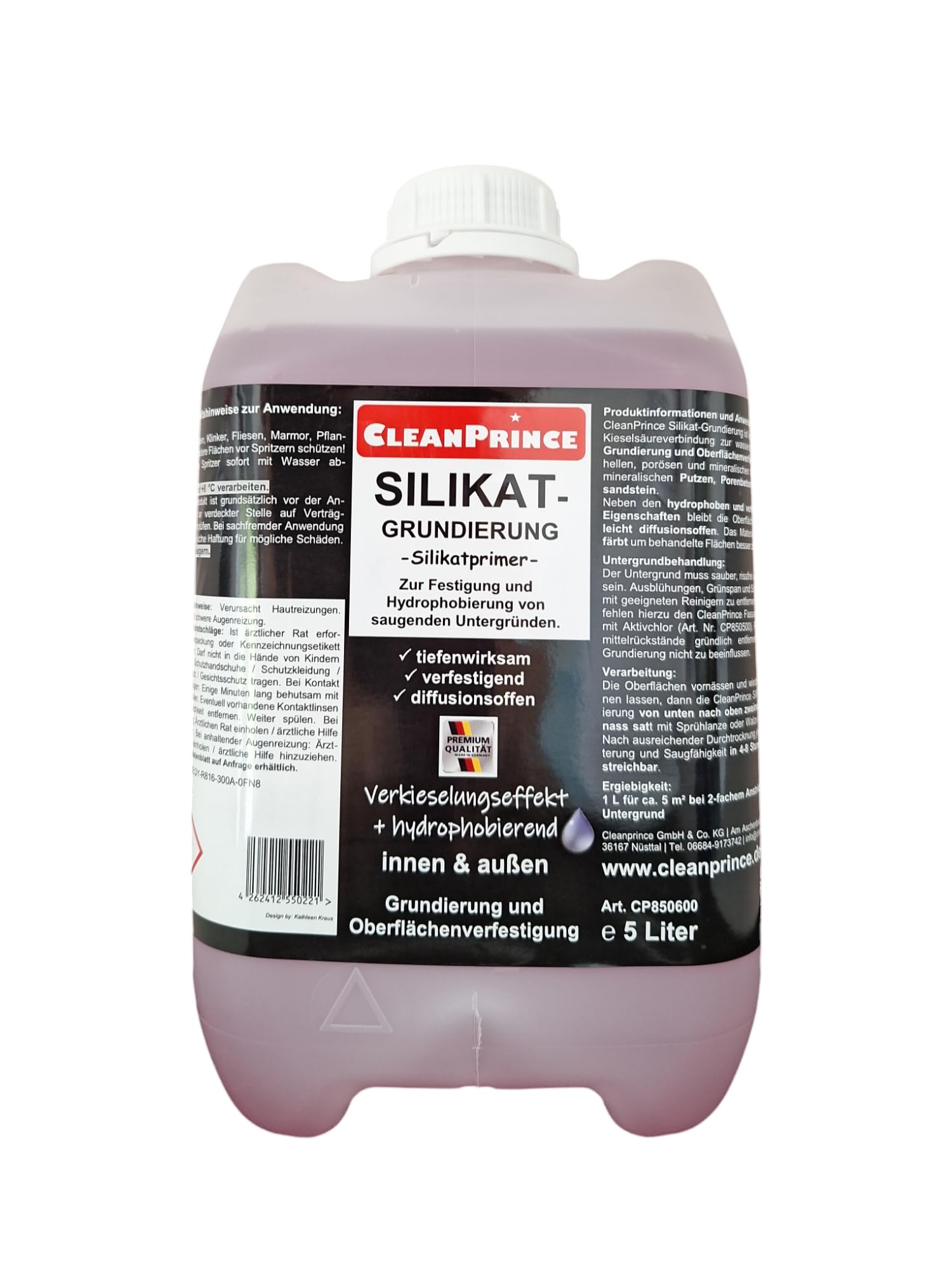 CleanPrince Imprimación de silicato de 5 litros, imprimación y guijarros con la superficie para interior y exterior, fortalecimiento e hidrofobización de sustratos absorbentes.