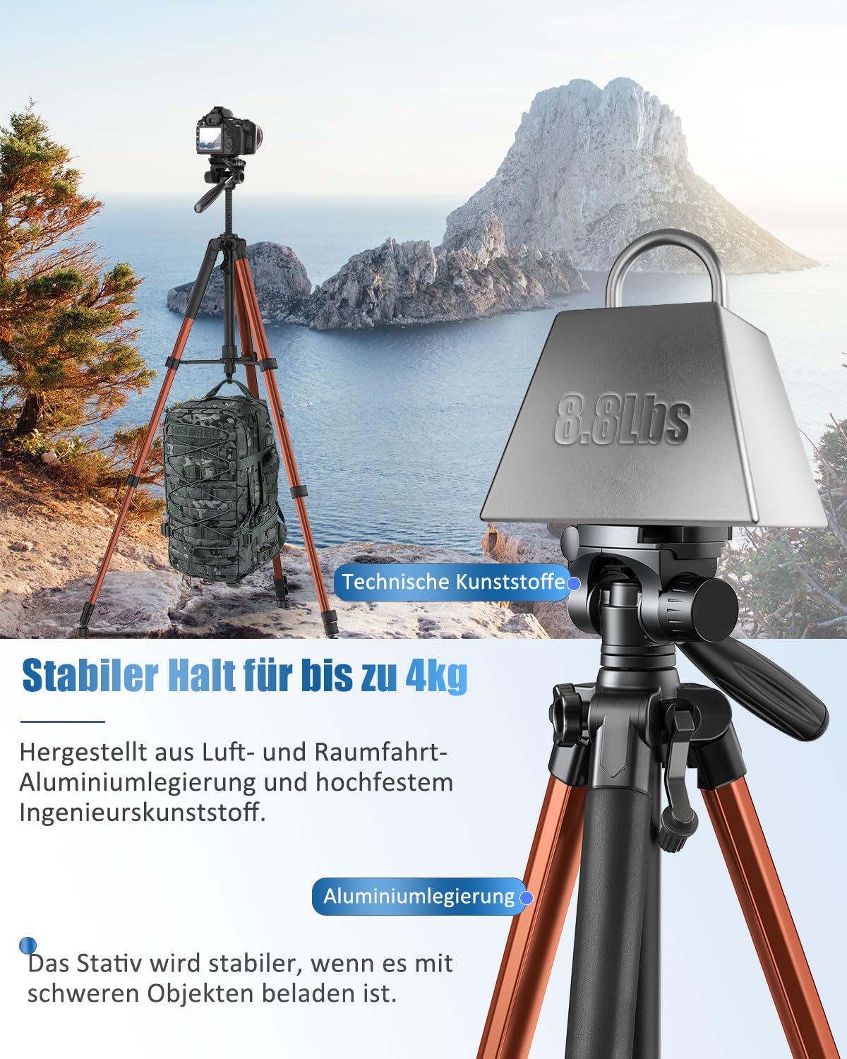 POLAM-FOTO Kamera stativ, 188 cm, Reisestativ mit Tragetasche, mit Handyhalterung, Aluminium, für Mirrorless Camera/DSLR/Handy/Camcorder, robuster Ständer,（Gewicht 1,27 kg, Tragkraft 3,99 kg） Orange