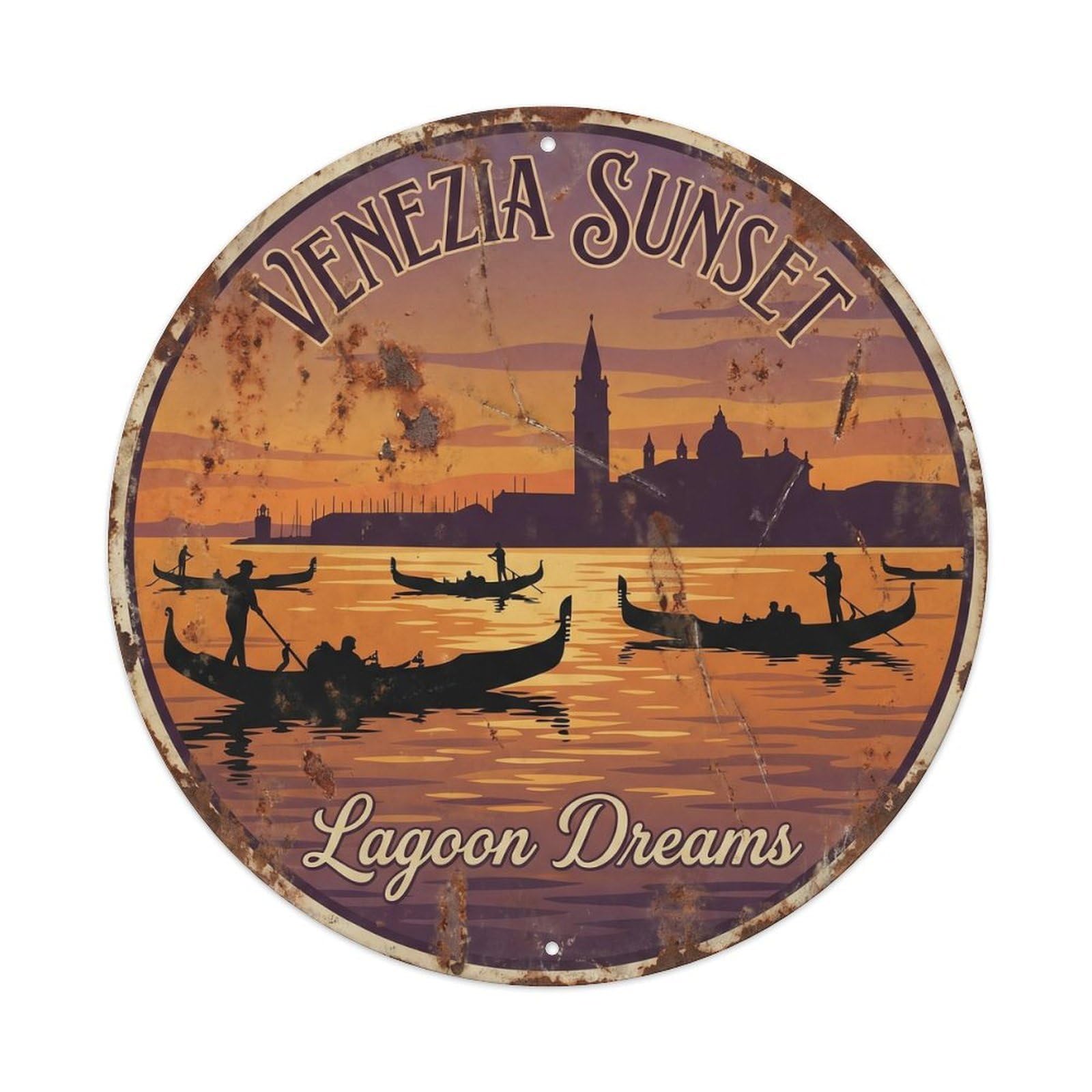 Vintage Travel Venice Sunset Lagoon Metal Tin Sign Plaque Wall Decor for Cafe, Club, Garden Round Metal Poster 8x8Inch