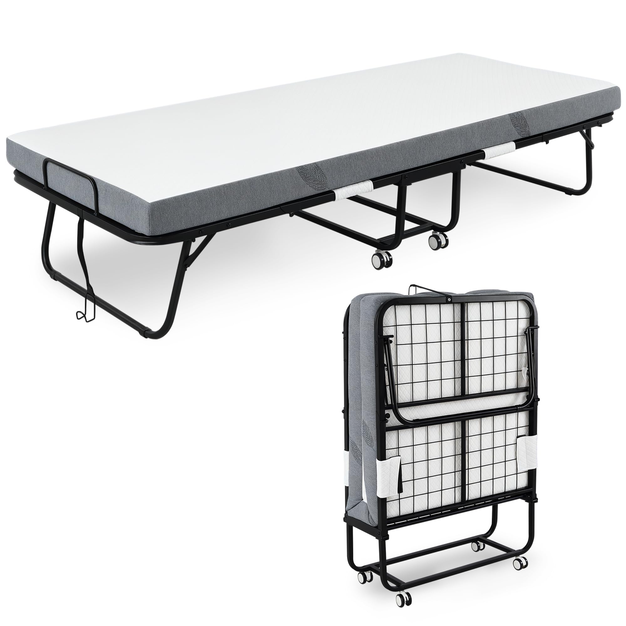 Homcom White Folding Bed With 10Cm Mattress Portable Guest Bed With Metal Frame In