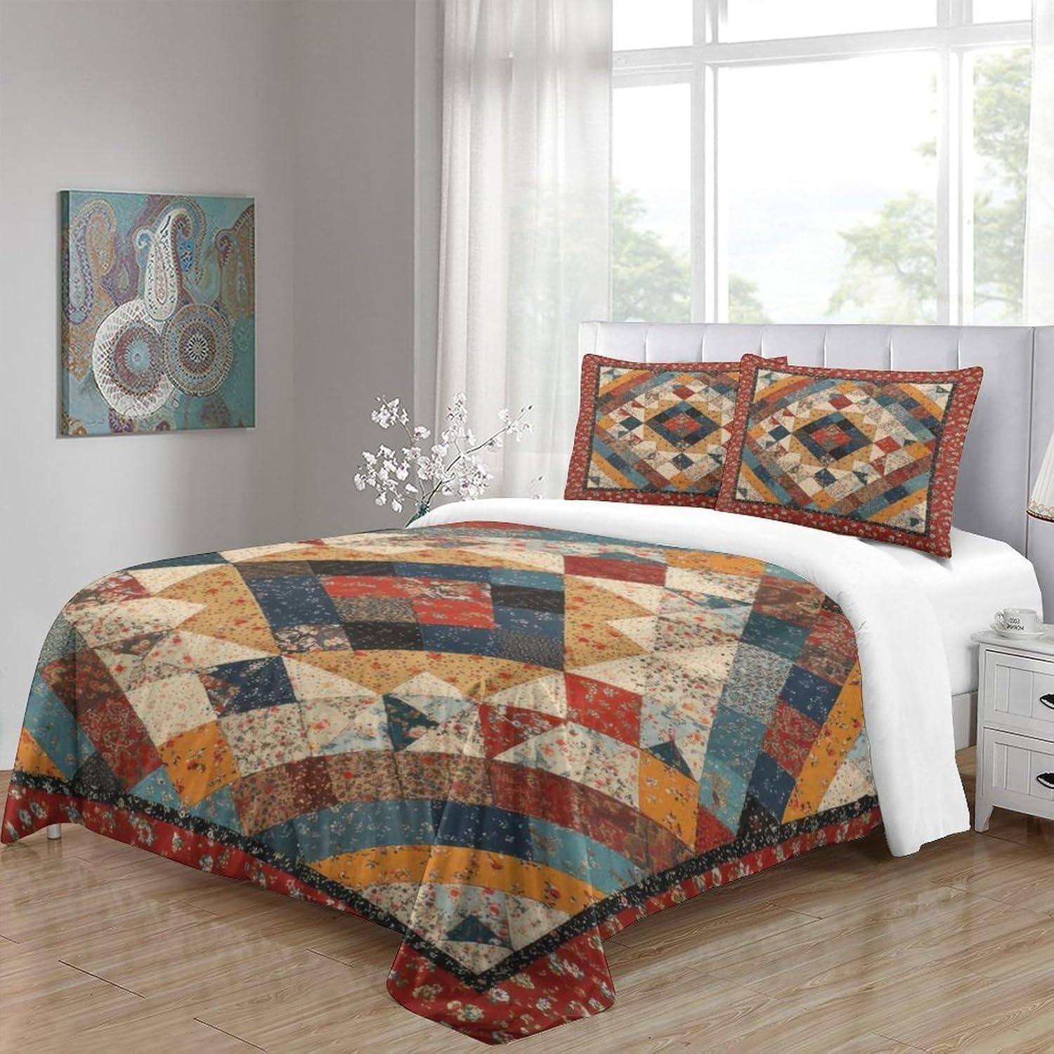 Set Copripiumino Una Piazza e Mezza 200x200 cm Patchwork Vintage Stampa 3D Biancheria da letto Stile Bohémien in Morbido Microfibra 3 Pezzi 1 Copri Piumino e 2 Federe con Cerniera D-2461