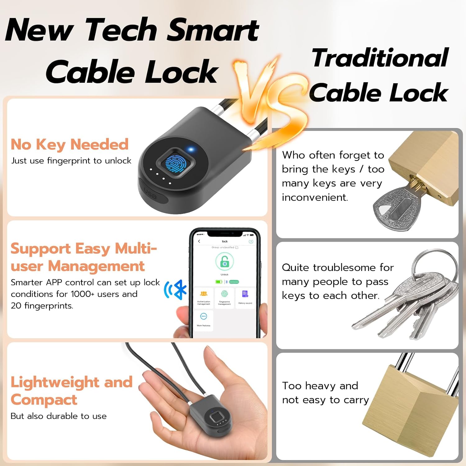 Fingerprint Cable Lock, eLinkSmart Fridge Locks with Bluetooth APP Control, Biometric Smart Padlock for Adults Baby Proof Cabinet Refrigerator French Door Cabinet Gate Locker Bike, 14.9'' Long Black