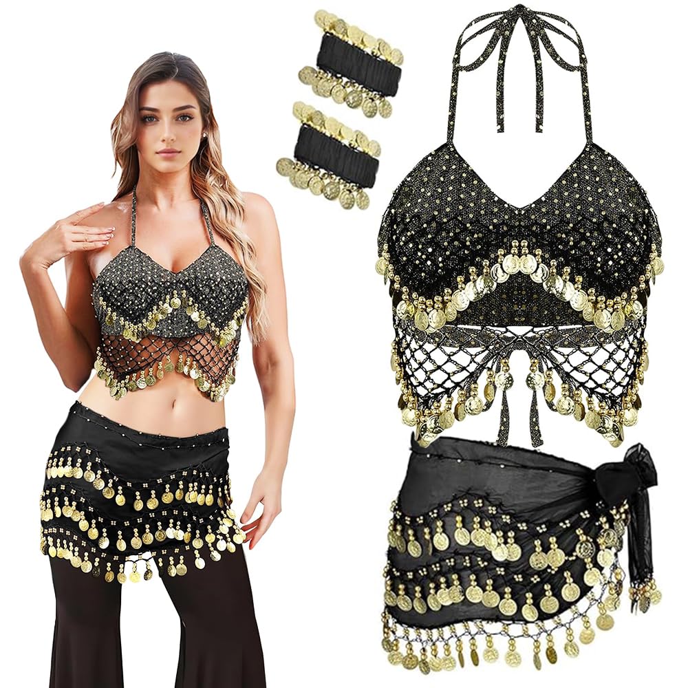 Nabolan 3 Pcs Gypsy Costume Belly Dance Outfit Sets 128 Coins Hip Scarf Sexy Bra Top with Wrist Bracelets