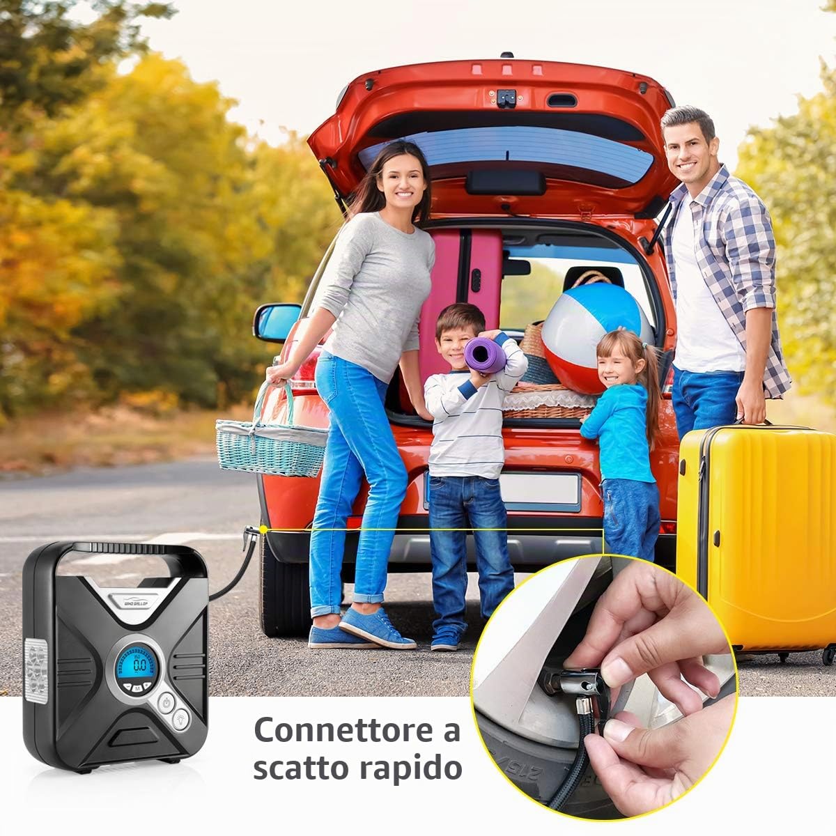 WindGallop Compressore Aria Portatile Auto Mini Compressore Portatile a Gonfiatore Elettrico Portatile Pompa Aria con Manometro per Pneumatici Luce a LED e Adattatori per Valvole