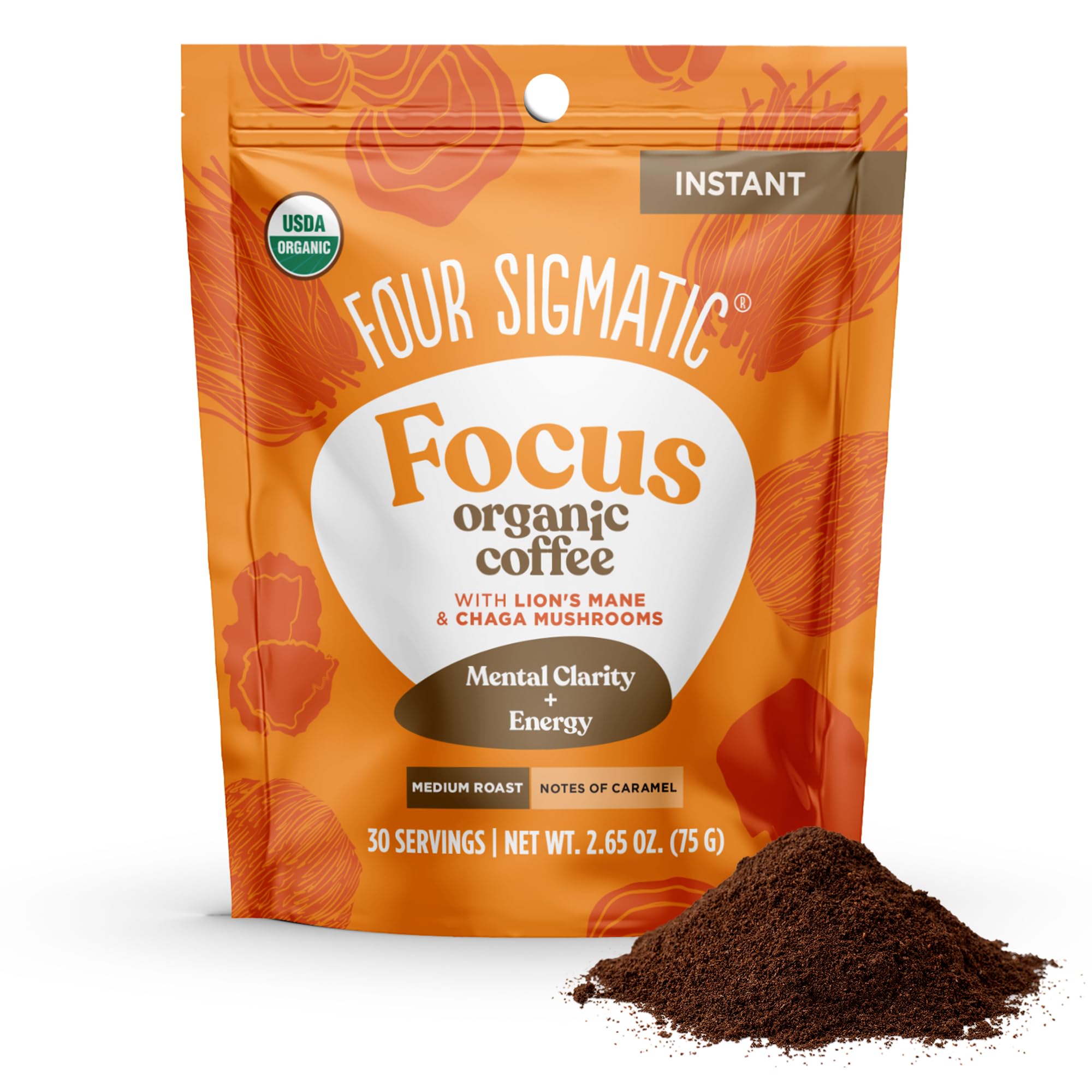 Four Sigmatic Organic Mushroom Coffee | Instant Mushroom Coffee Mix with Lion's Mane, Chaga and Rhodiola for Better Focus and Immune Support | 30 Serving Bag