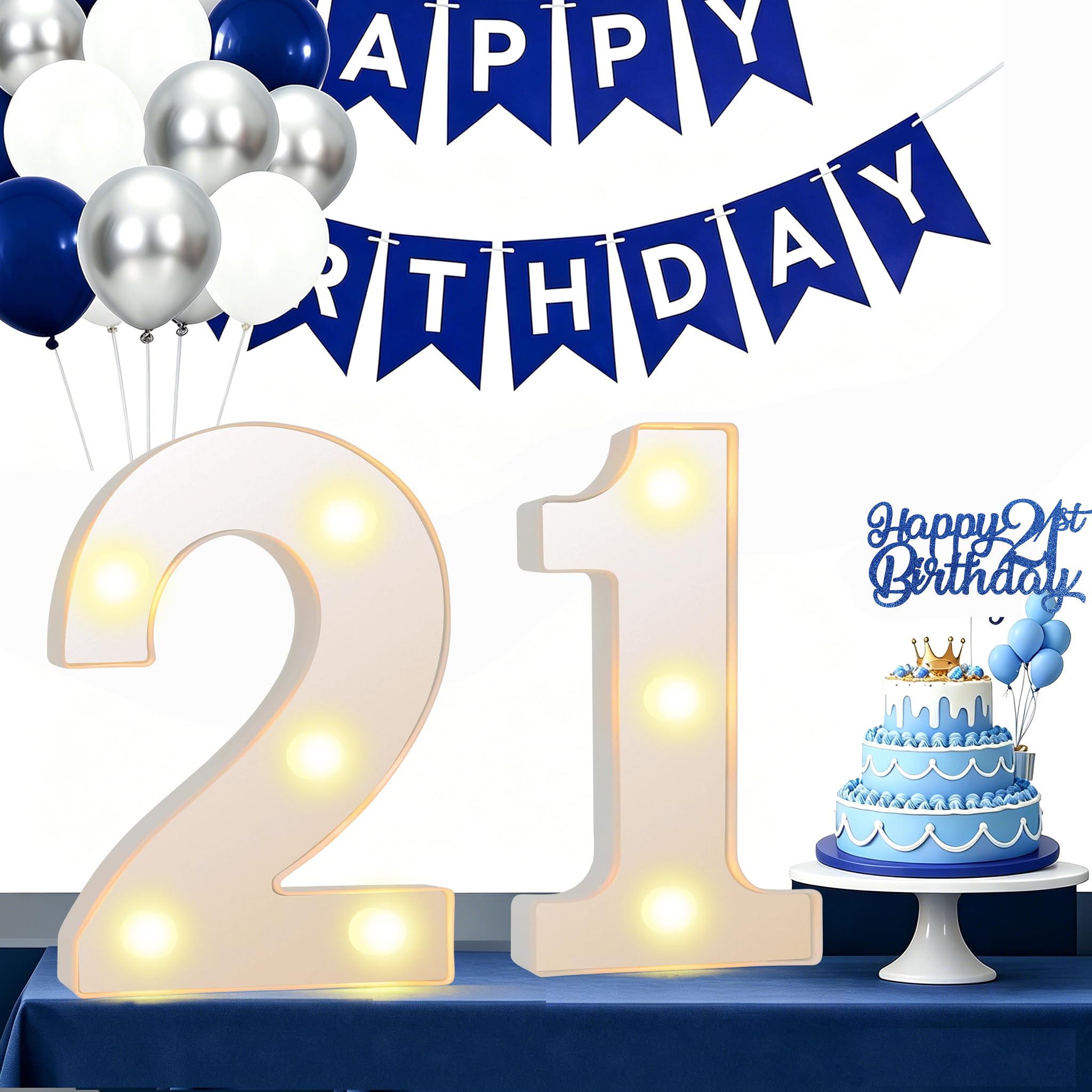 21 Light up Numbers, 21st Birthday Decorations, Light up 21 Numbers, LED Marquee Numbers Sign with Blue and White Balloon Set, for Wedding Anniversary Grad Home Bedroom (21st)