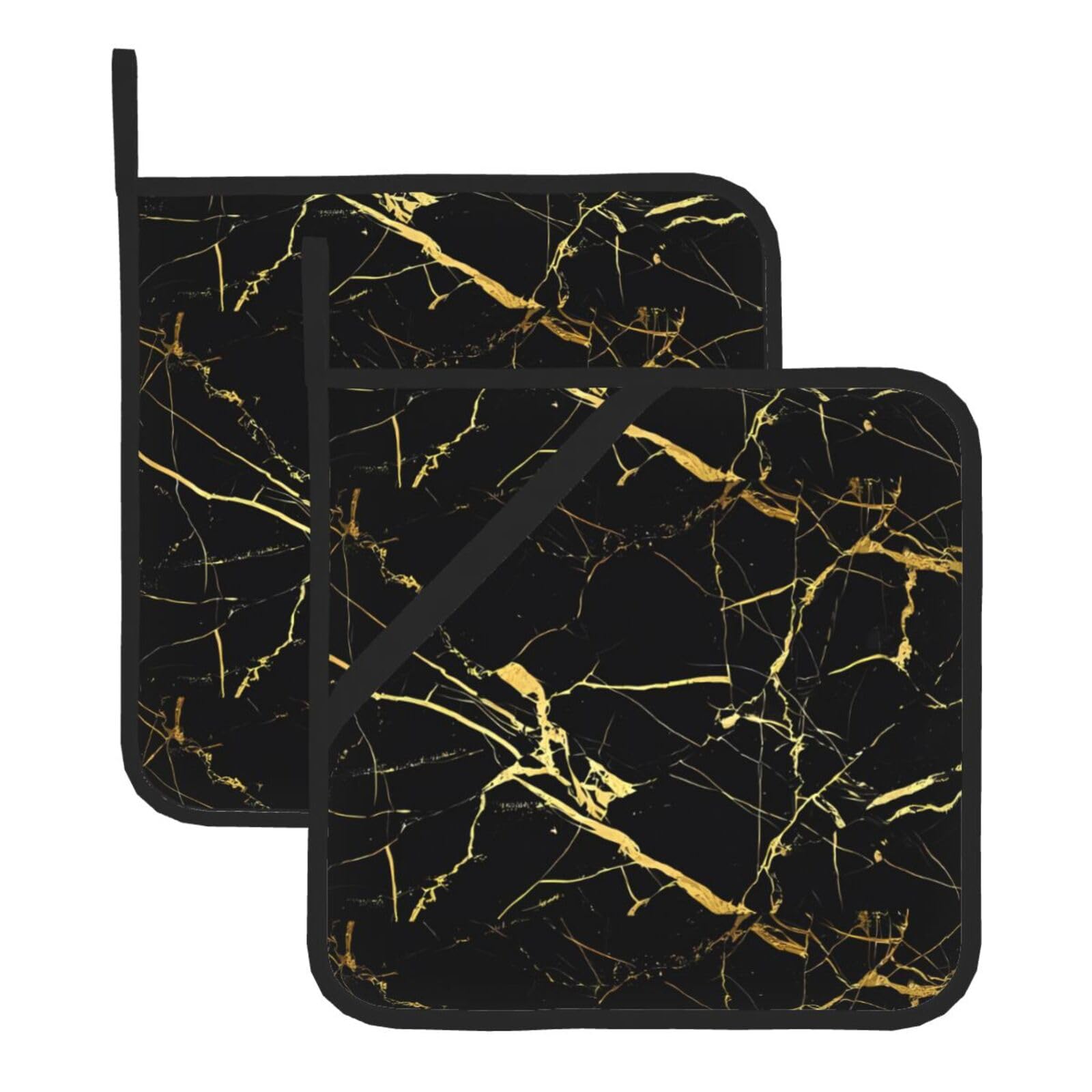 HJFCZH Black Gold Marble Prints Square Hot Pads for Kitchen Counter - Waterproof Pot Holders, Durable Heat Resistant Throw Layers for Serving, Oven & BBQ - 2 Pack