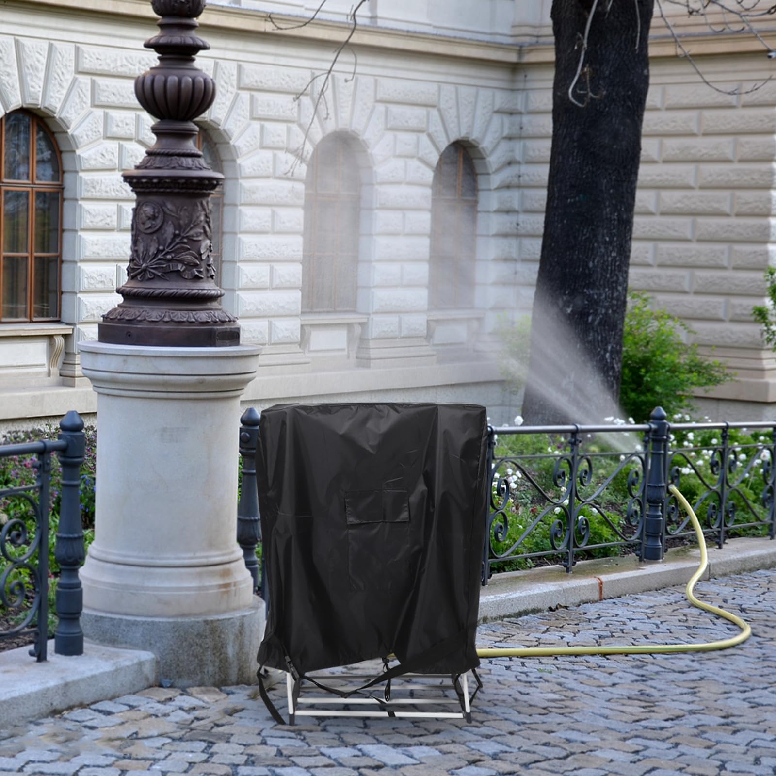 Funda para carrete de manguera, protector de manguera de jardín con bolsillo, 80 cm de largo x 25 cm de ancho x 89 cm de alto, almacenamiento seguro para patio, fiestas o uso estacional.