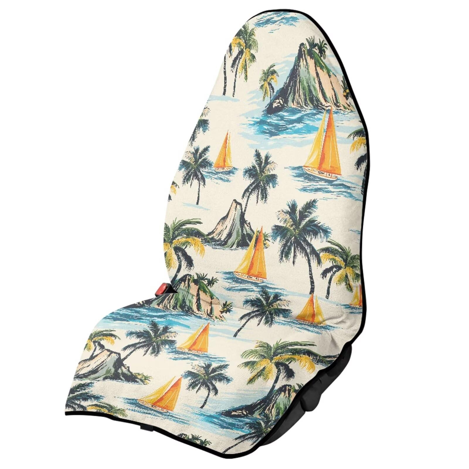 JOAIFO Waterproof Towel Car Seat Cover, Beach Palm Tree Automotive Seat Protector, Sweatproof Non-Slip Universal Fit for Front Bucket or Rear Bench