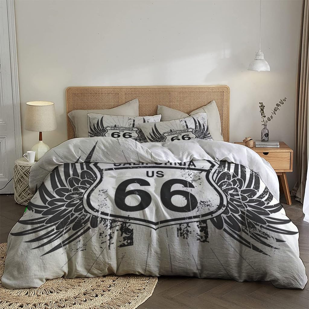 NIBAINLO 布団カバー翼のあるヴィンテージルート66道路標識 肌に優しい ピーチスキン加工 掛け布団カバー 和式 洋式 あったか 布団カバーセット リバーシブル ホームステイ ホテル 家庭兼用