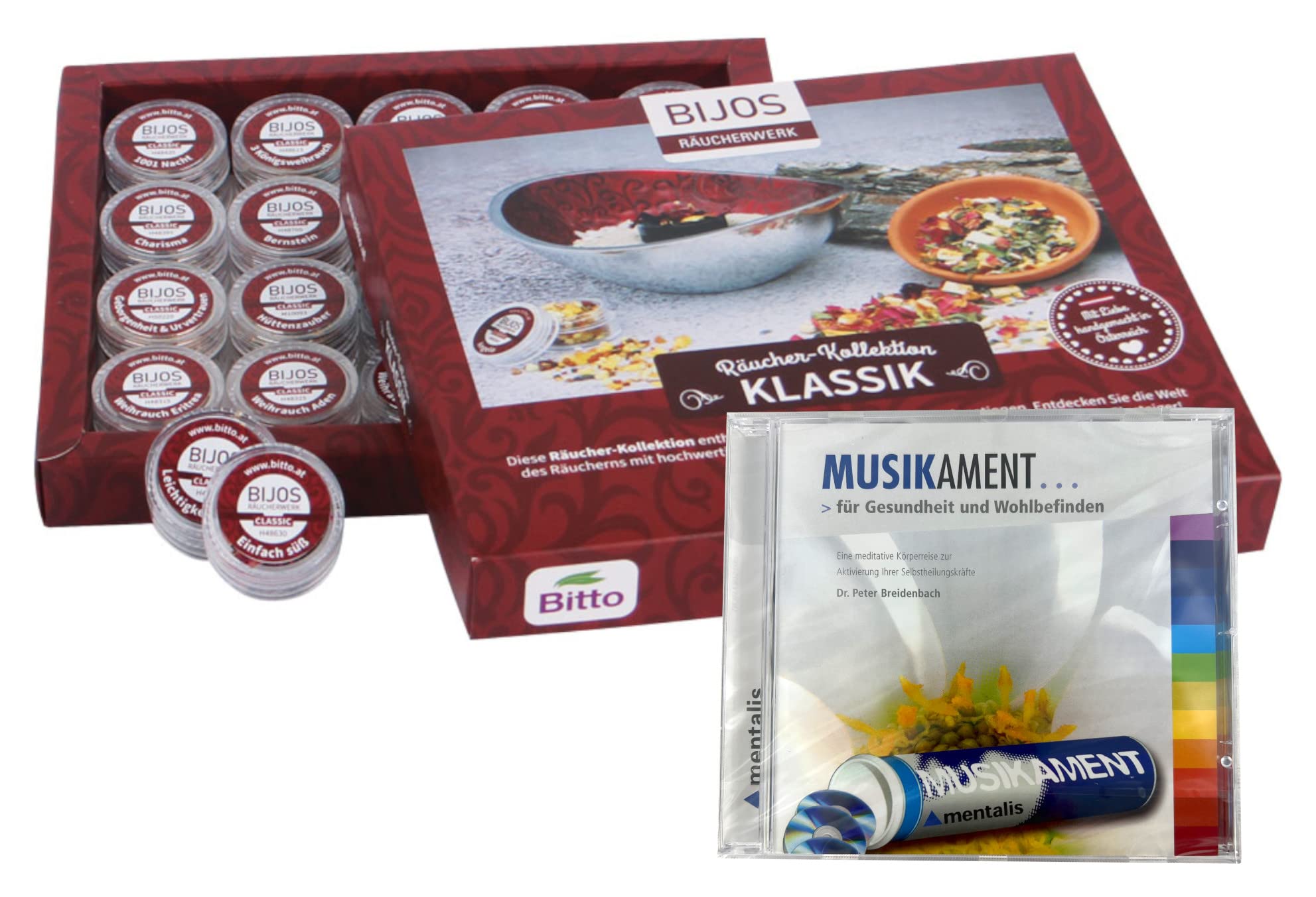 Bijos - Scatola di incenso classica con 20 incensi selezionati e musica rilassante, CD salute/benessere