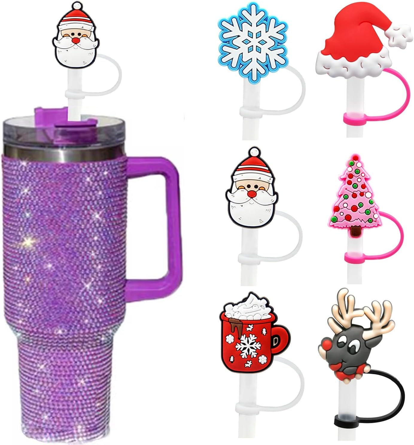 6Pcs Straw Covers Caps Christmas Kit,Silicone Straw Topper for Tumblers with Handle,Xmas Toppers Cap with 10mm Dust Proof Plugs Protector,Reusable Portable Drinking Straw Tip Lids for Cups Accessories