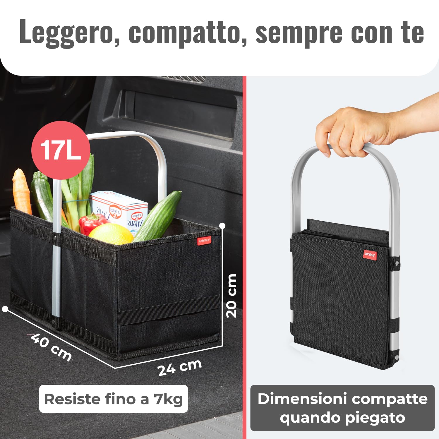 achilles Cestino per la Spesa Pieghevole, Cestino per la spesa Con Manico In Alluminio, Cestino Pieghevole, Cestino Da Picnic, Borsa per la Spesa, (Nero)
