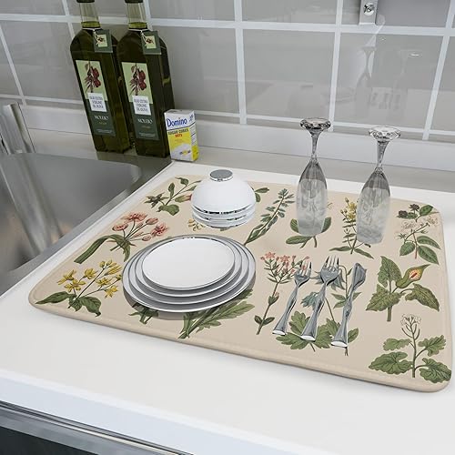 Miniatura 6 de Tapete de secado de platos de hierbas y flores para decoración de encimera de cocina, 18 x 24 pulgadas, absorbente, reversible, tapete de microfibra